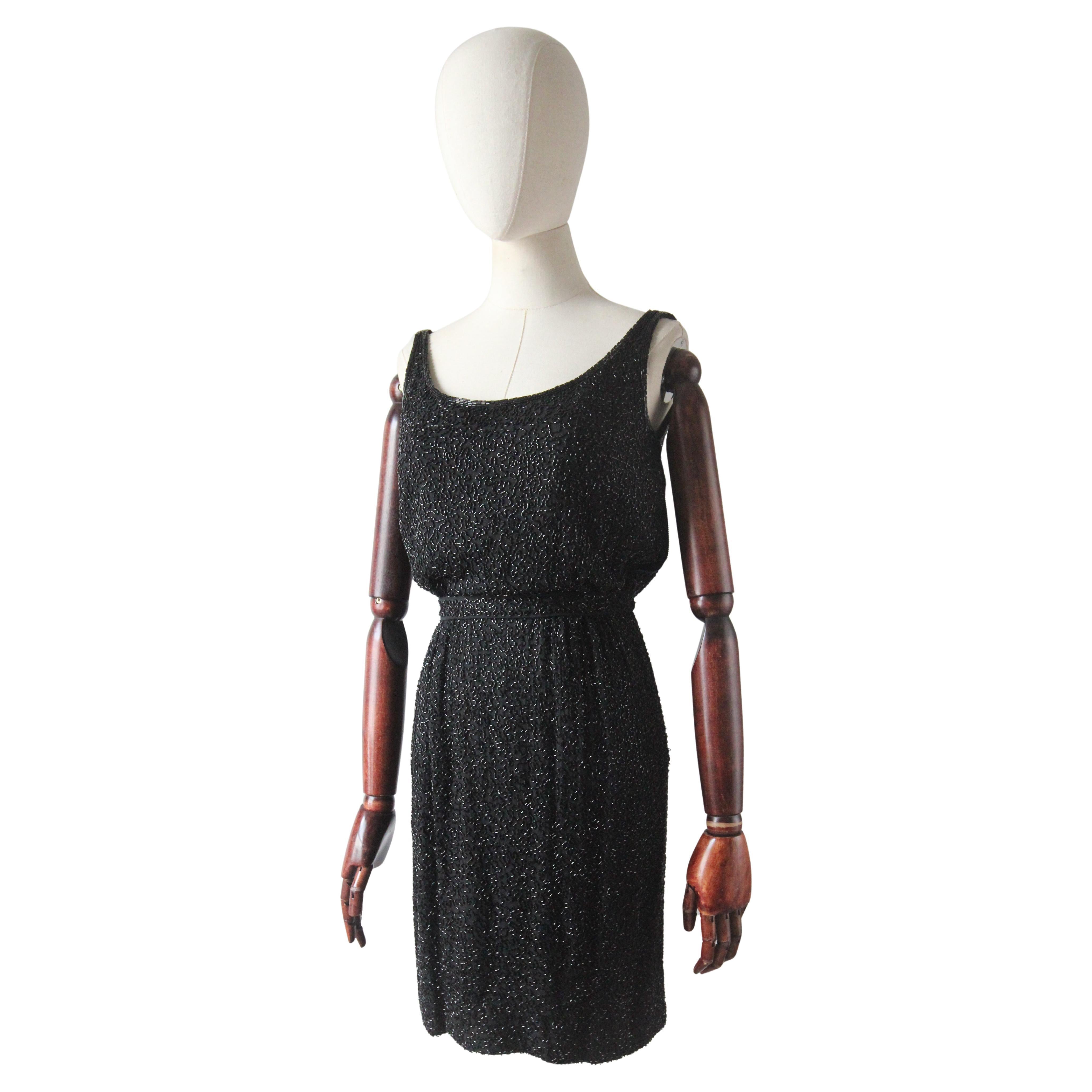 Vintage 1950's silk beaded cocktail dress fully beaded dress blouse bodice UK 4 For Sale