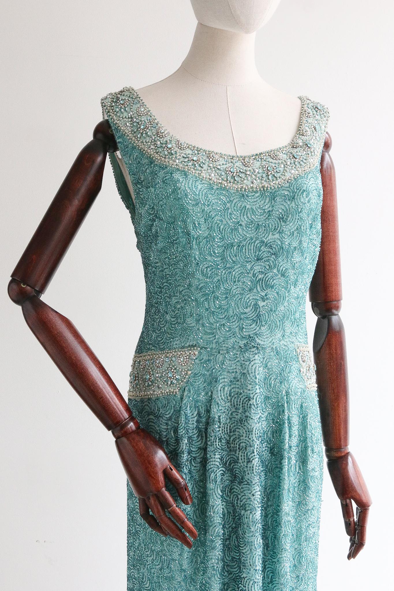 Blue Vintage 1950's Silk Beaded Norman Hartnell Dress UK 12 US 8
