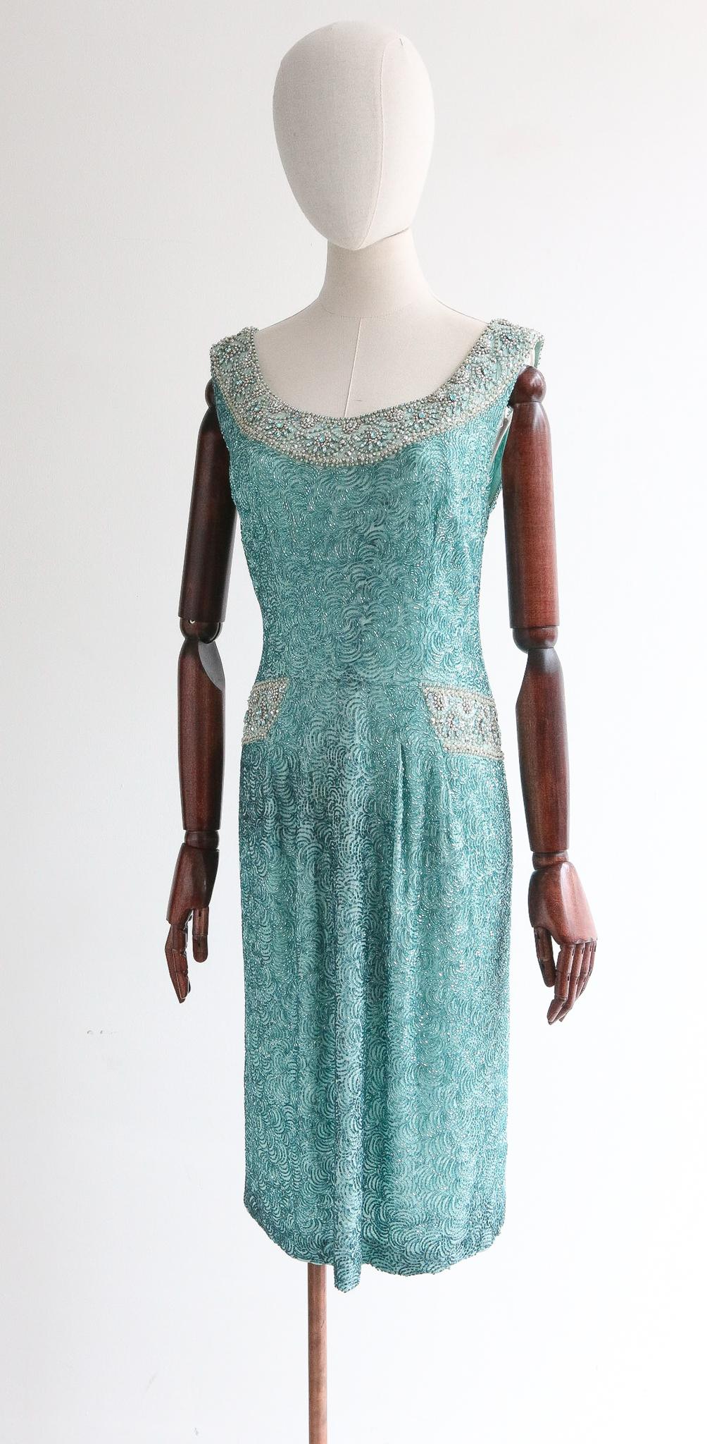 Vintage 1950's Silk Beaded Norman Hartnell Dress UK 12 US 8 In Excellent Condition In Cheltenham, GB