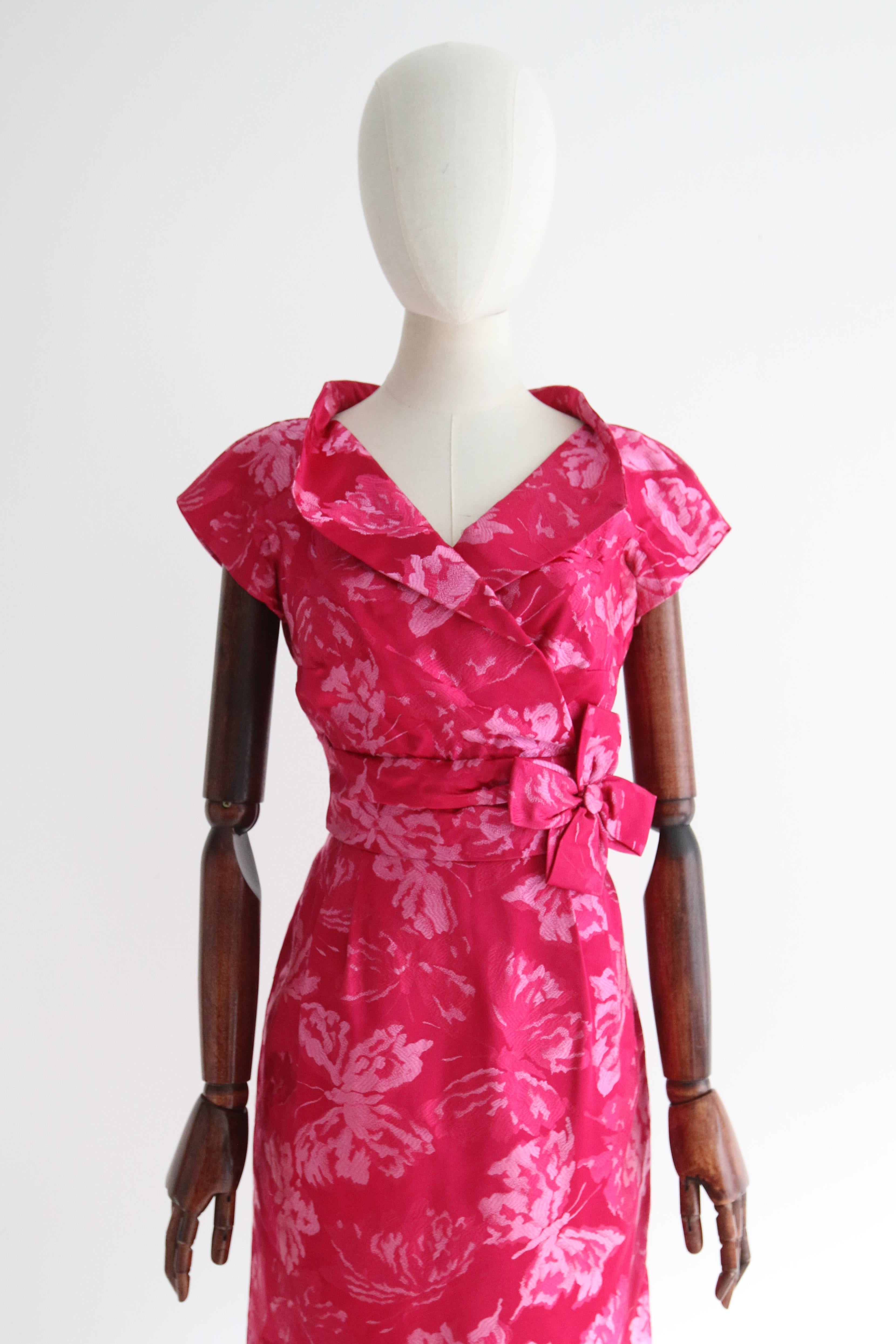Red Vintage 1950's Silk Brocade Butterfly Dress UK 8-10 US 4-6 For Sale