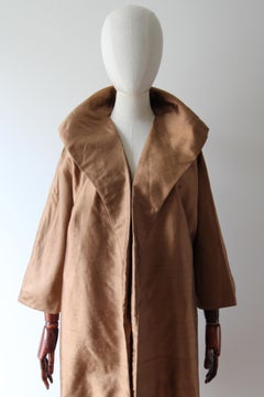 Vintage 1950's silk duster coat brown tawny silk swing coat opera UK 12 US 8