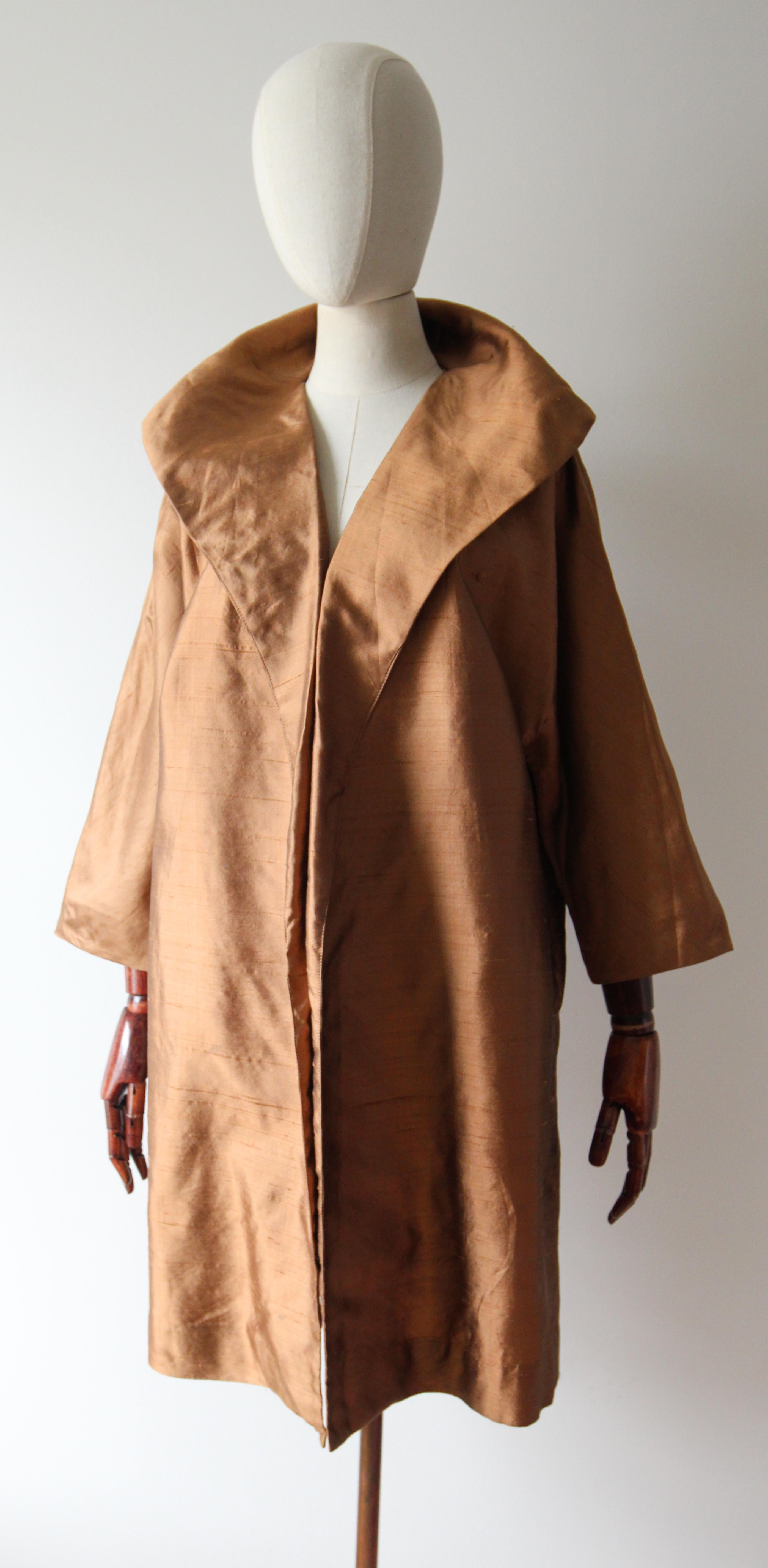 Women's Vintage 1950's silk duster coat brown tawny silk swing coat opera UK 12 US 8