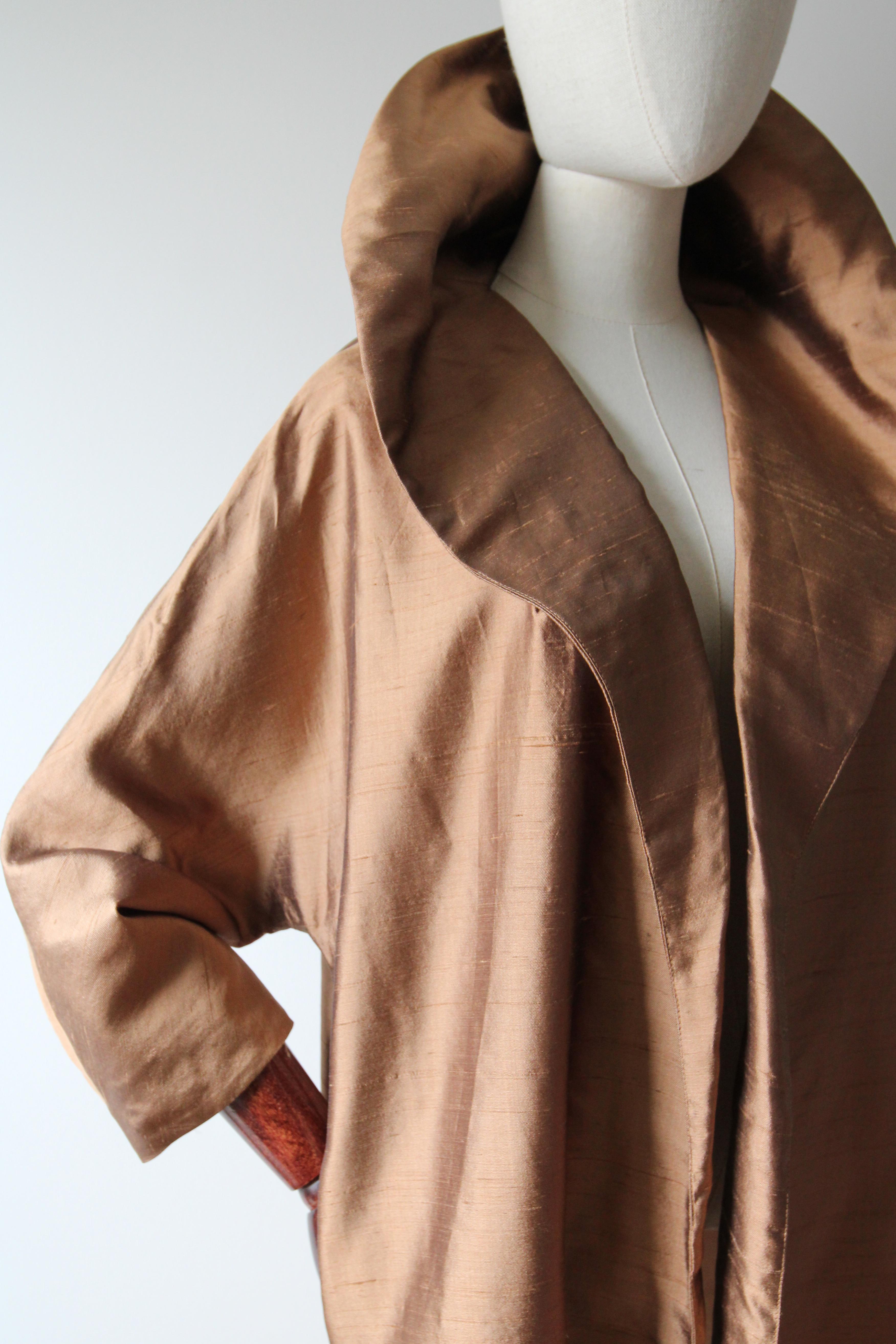 Vintage 1950's silk duster coat brown tawny silk swing coat opera UK 12 US 8 2