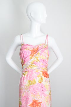 Vintage 1950's Silk Floral Wiggle Dress Silk Pleated Cocktail Dress UK 10 US 6