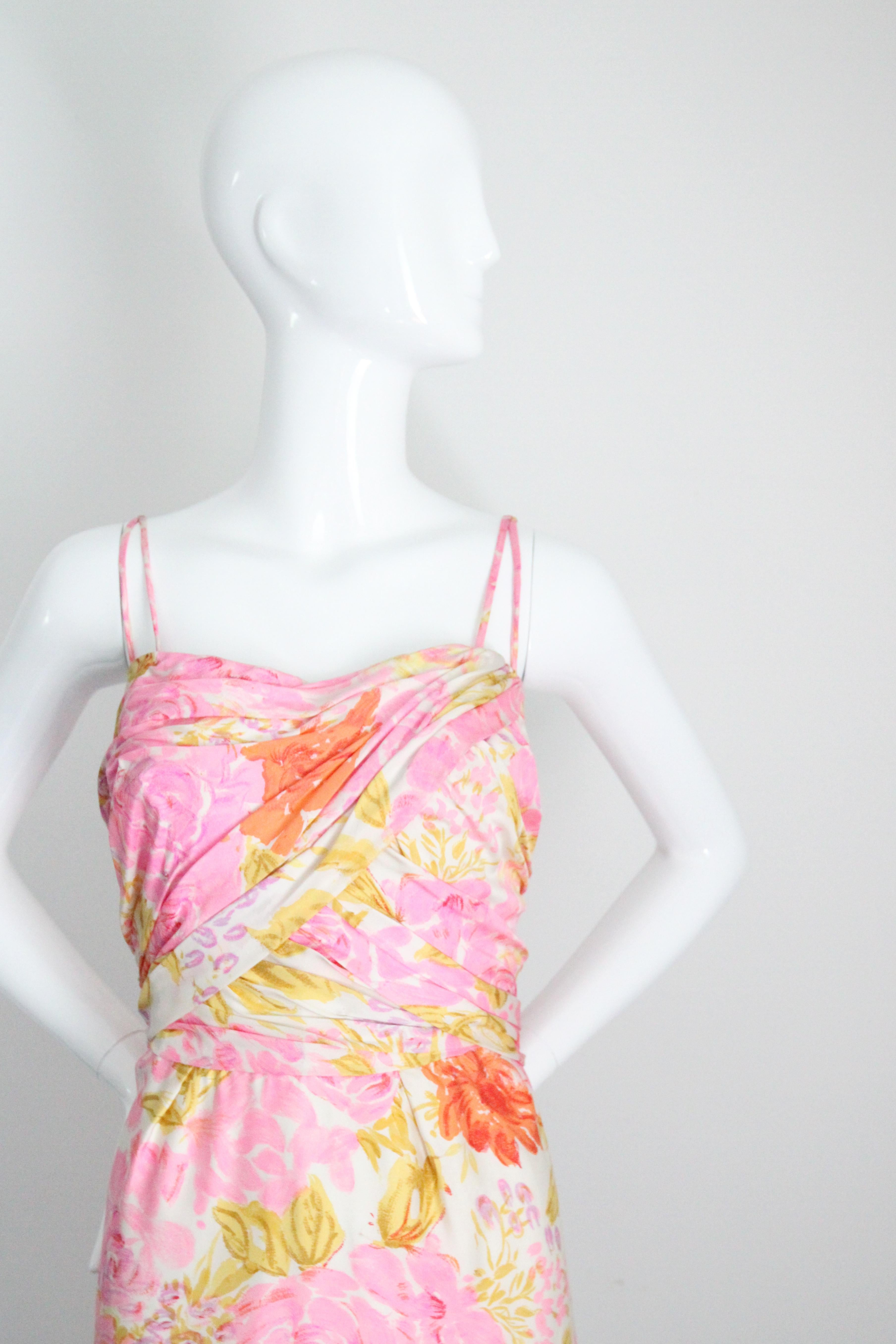 Beige Vintage 1950's Silk Floral Wiggle Dress Silk Pleated Cocktail Dress UK 10 US 6 For Sale