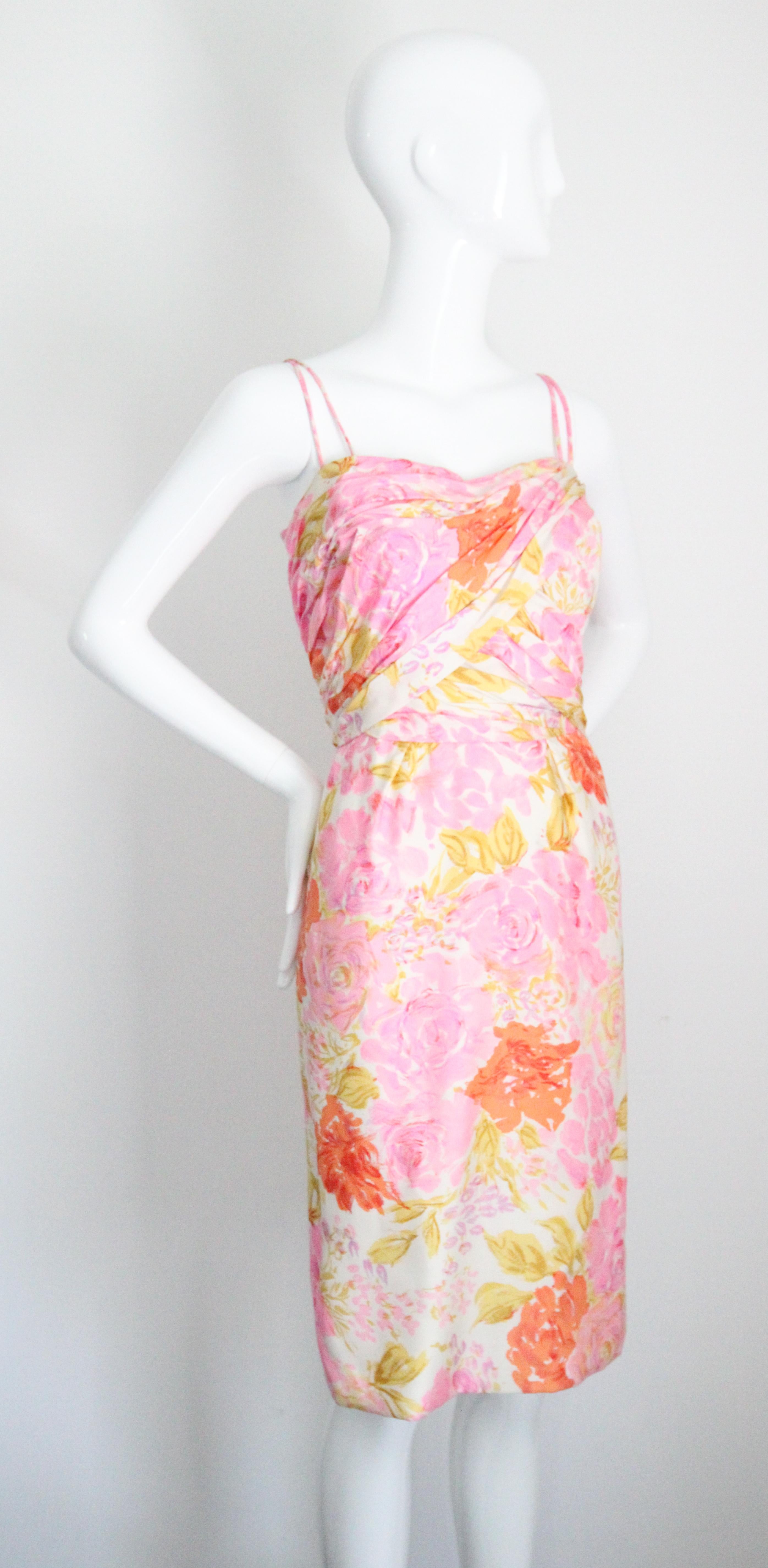 Vintage 1950's Silk Floral Wiggle Dress Silk Pleated Cocktail Dress UK 10 US 6 In Good Condition For Sale In Cheltenham, GB