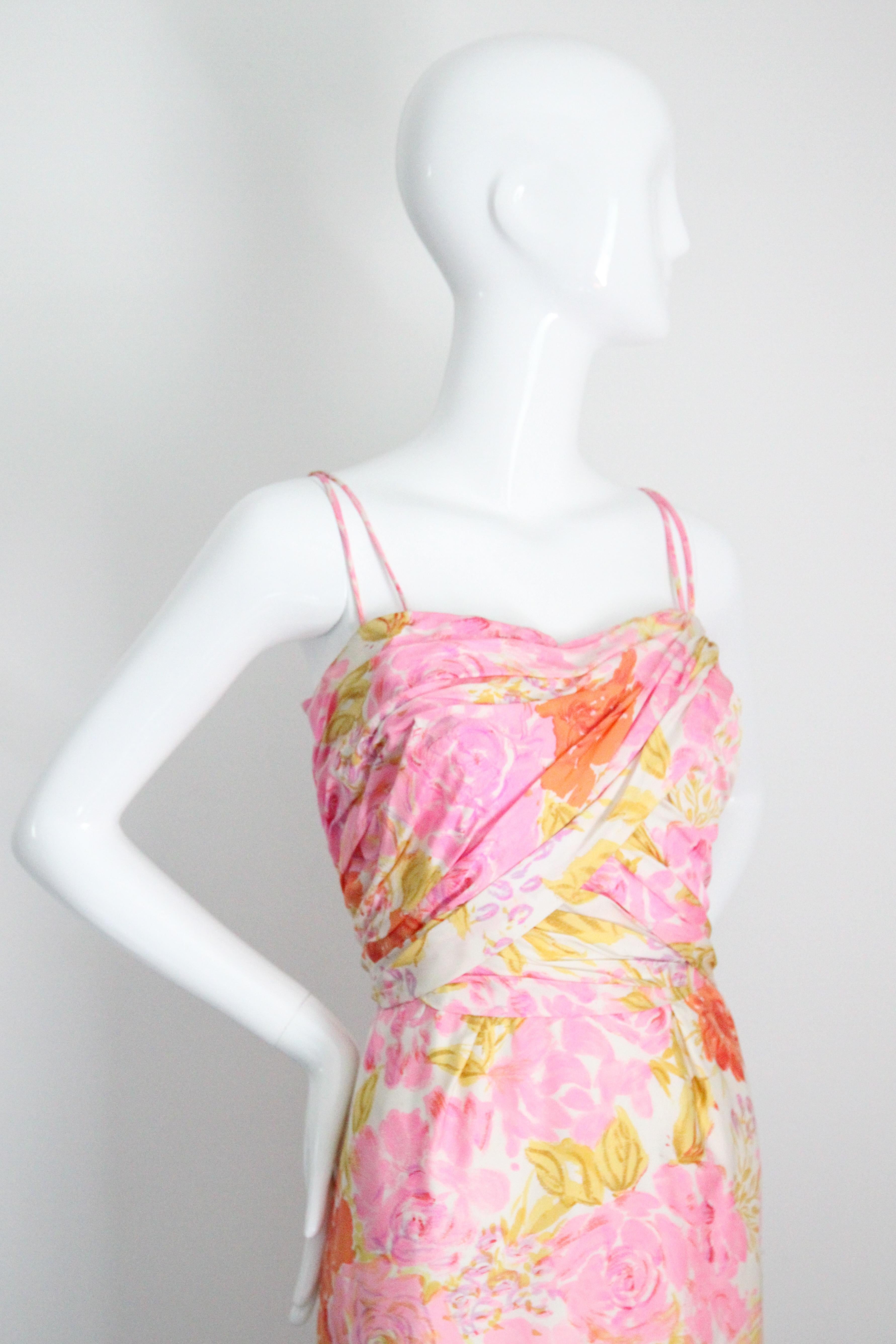 Women's Vintage 1950's Silk Floral Wiggle Dress Silk Pleated Cocktail Dress UK 10 US 6 For Sale