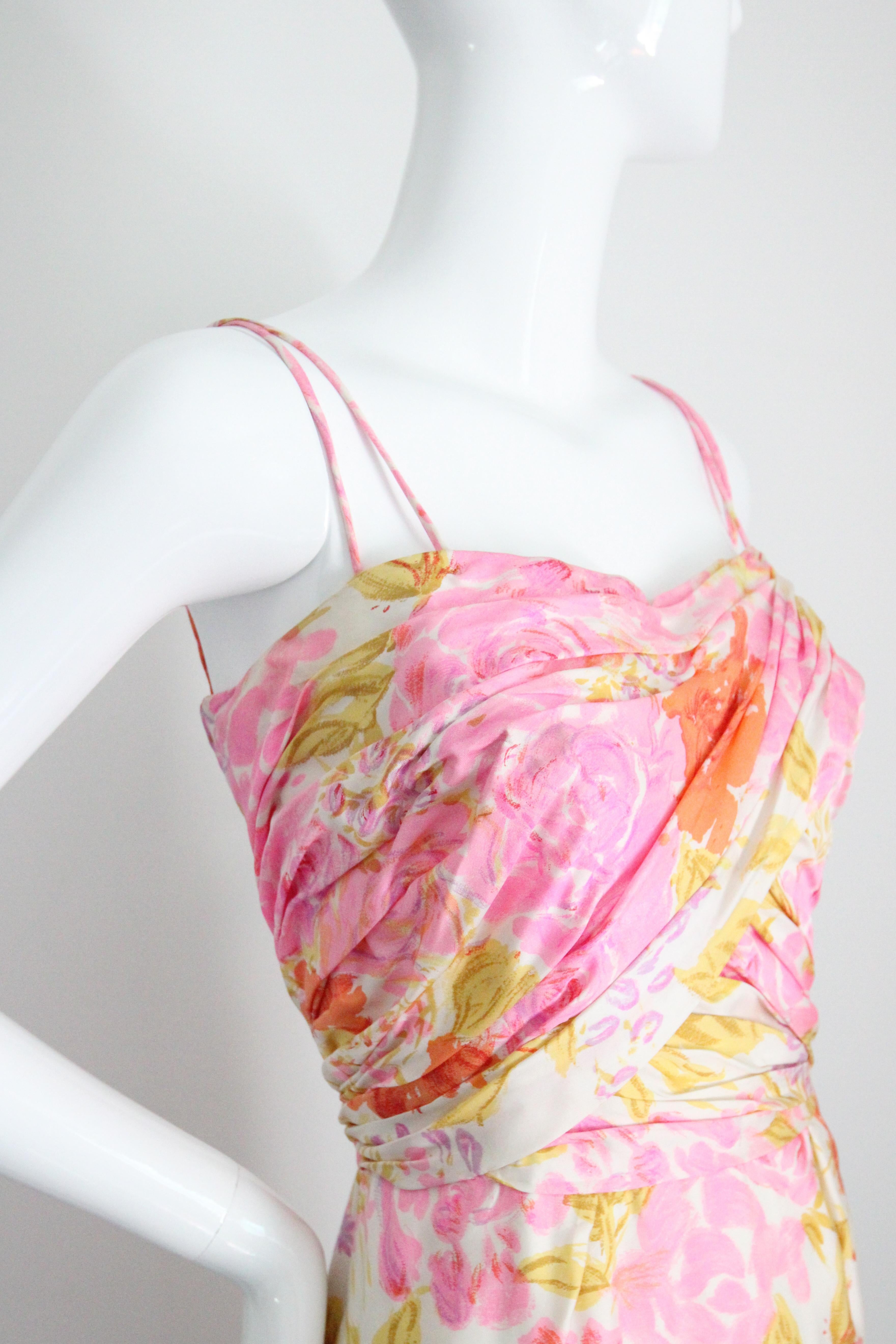 Vintage 1950's Silk Floral Wiggle Dress Silk Pleated Cocktail Dress UK 10 US 6 For Sale 1