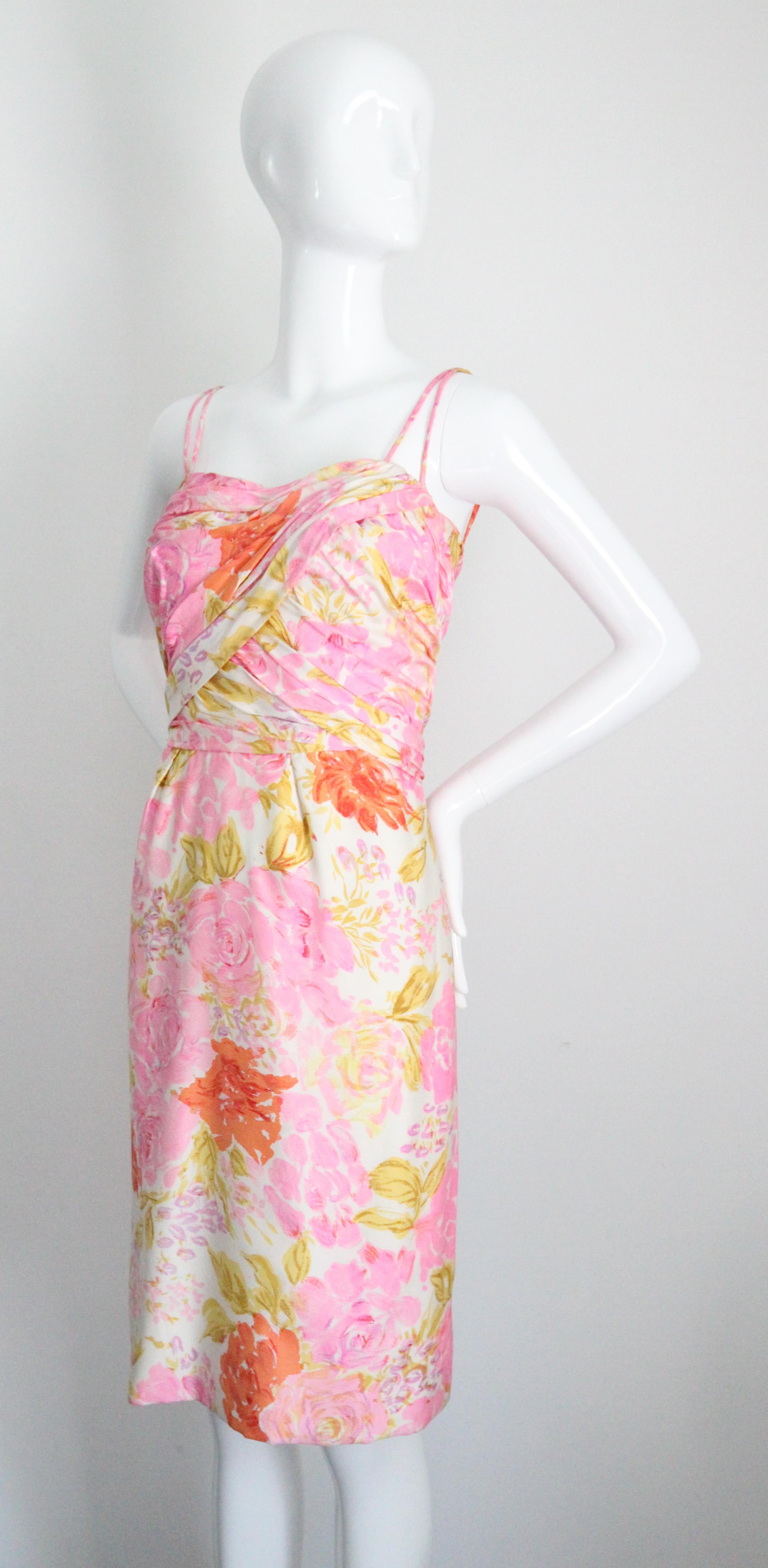 Vintage 1950's Silk Floral Wiggle Dress Silk Pleated Cocktail Dress UK 10 US 6 For Sale 2