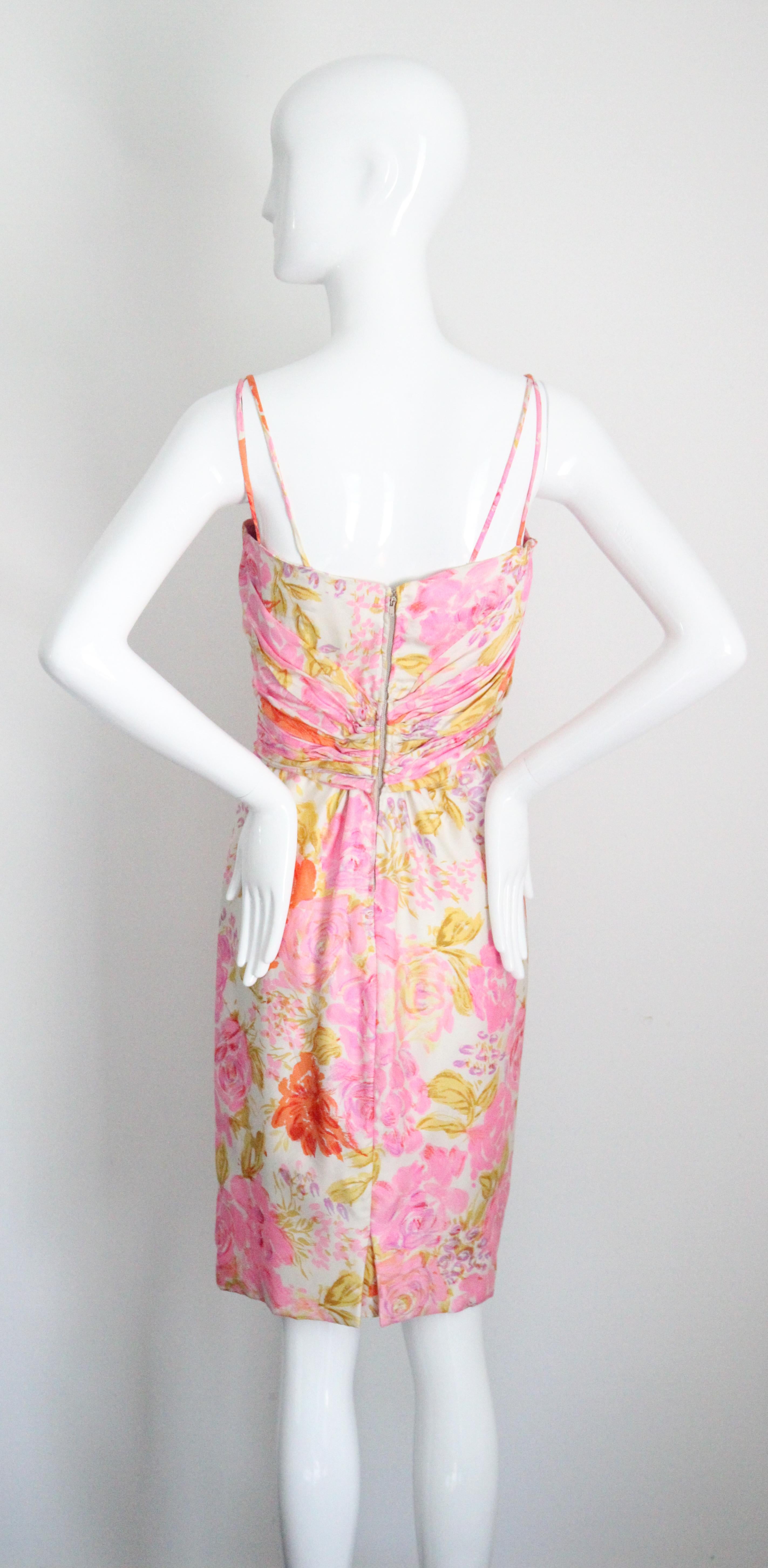 Vintage 1950's Silk Floral Wiggle Dress Silk Pleated Cocktail Dress UK 10 US 6 For Sale 4