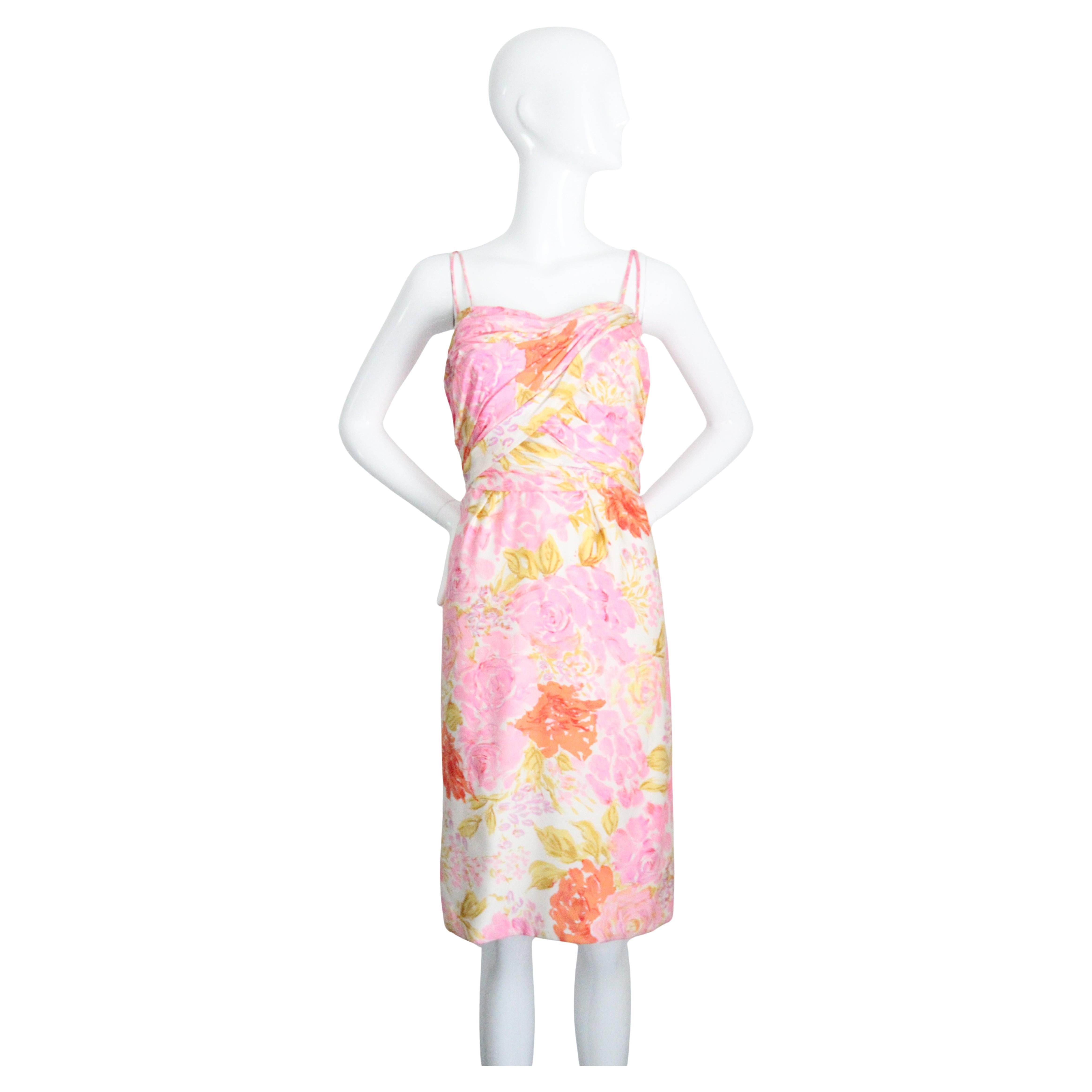Vintage 1950's Silk Floral Wiggle Dress Silk Pleated Cocktail Dress UK 10 US 6