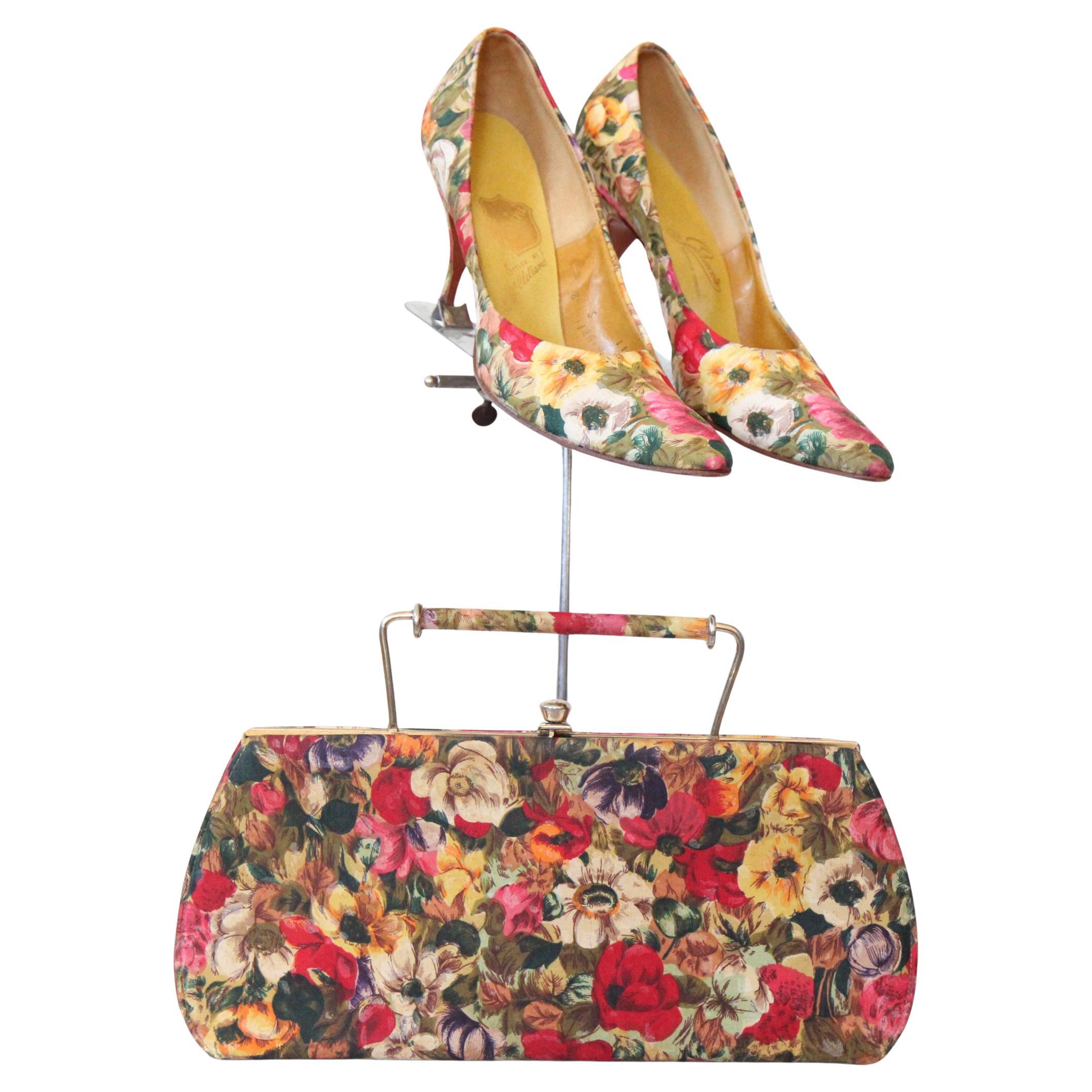 Vintage 1950's Silk Heels and Matching Purse Set Floral UK 5.5 US 7.5 EU 38.5