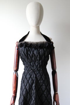 Vintage 1950's silk pleated velvet halter neck cocktail dress LBD 50s  UK 8 US 4