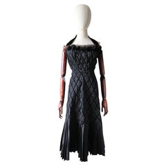 Vintage 1950's silk pleated velvet halter neck cocktail dress LBD 50s  UK 8 US 4