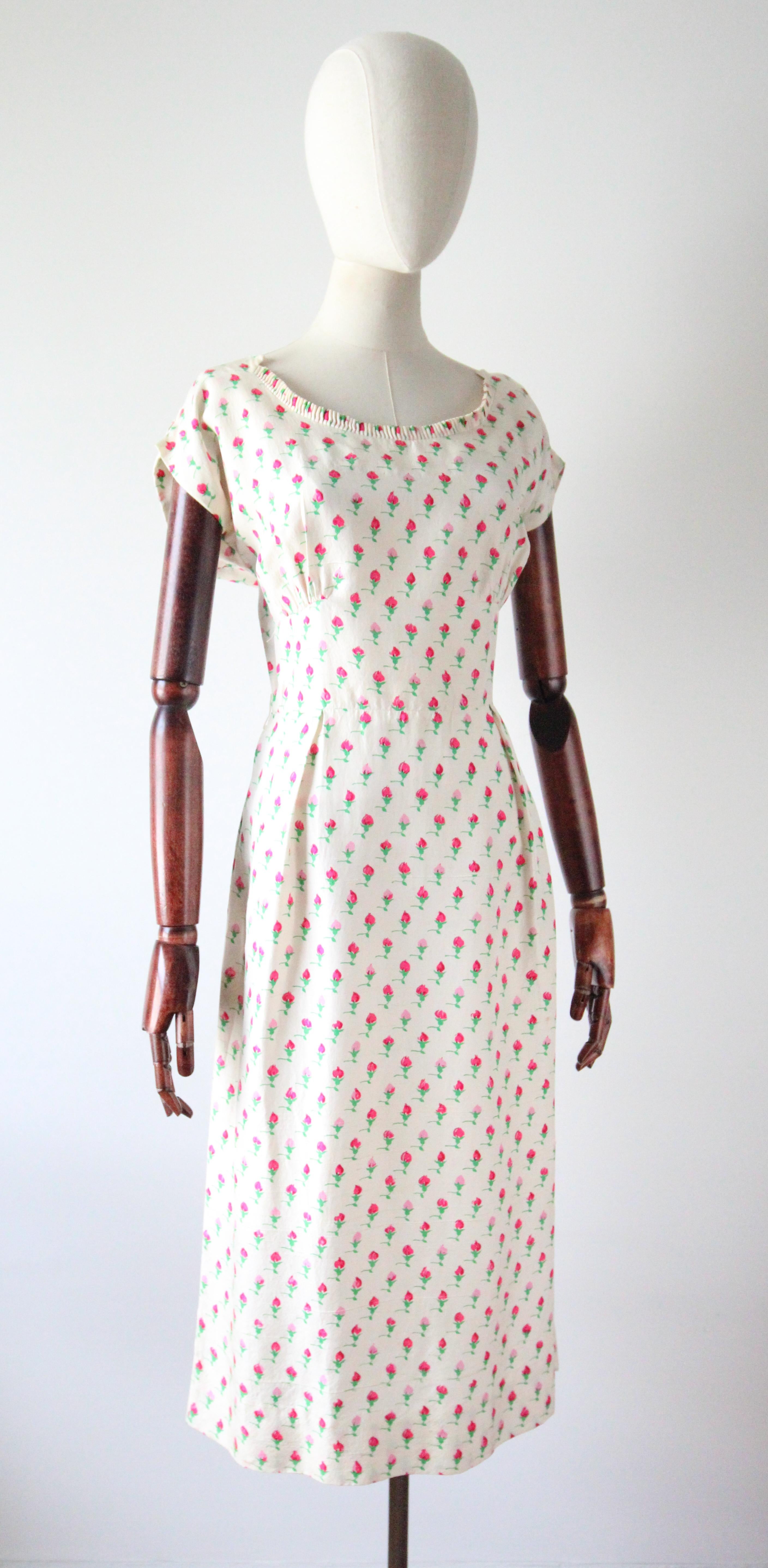 Gray Vintage 1950's Silk Rose Bud Print Dress and Jacket 1950's Silk Dress Suit For Sale