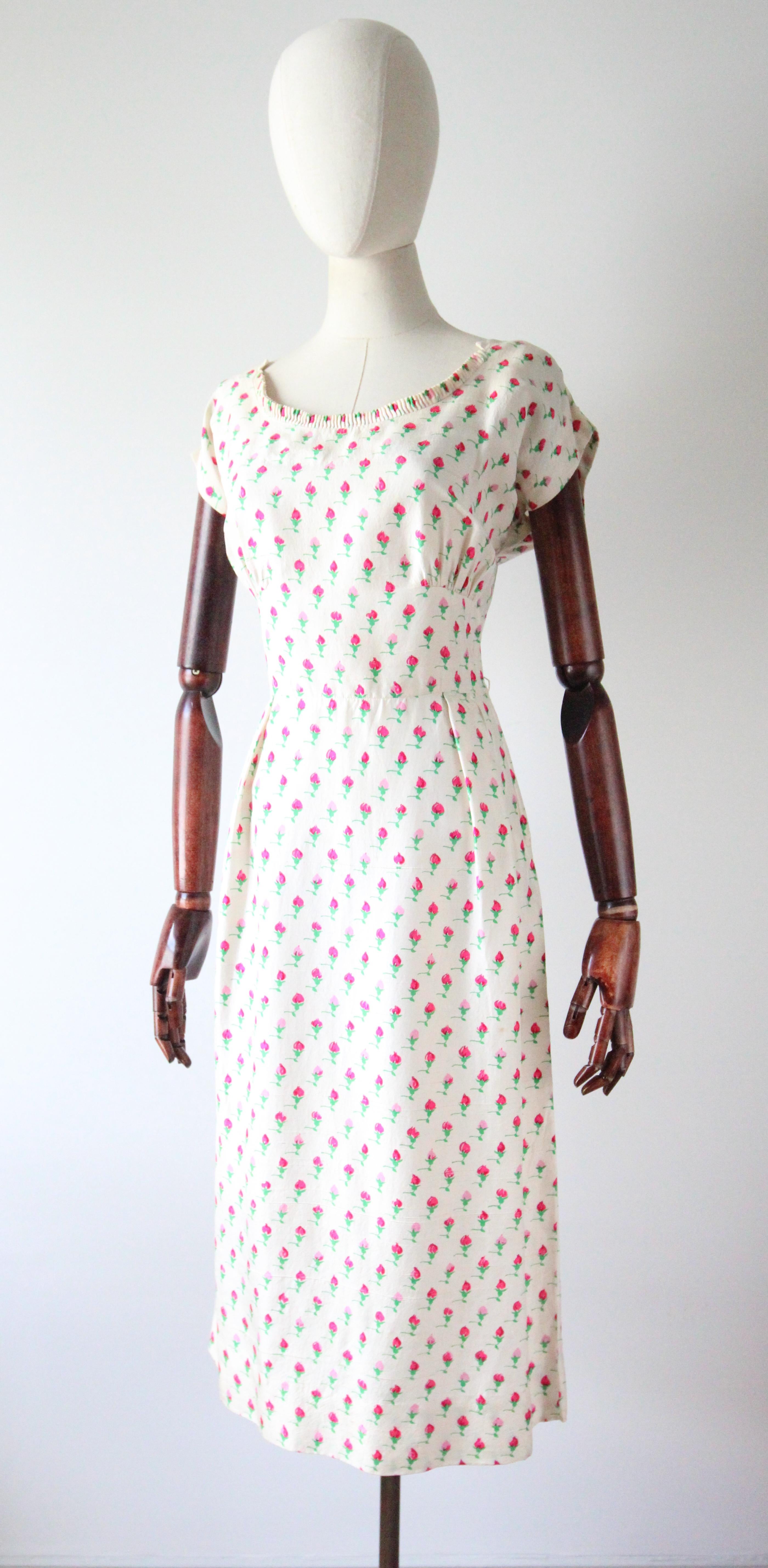 Women's Vintage 1950's Silk Rose Bud Print Dress and Jacket 1950's Silk Dress Suit For Sale