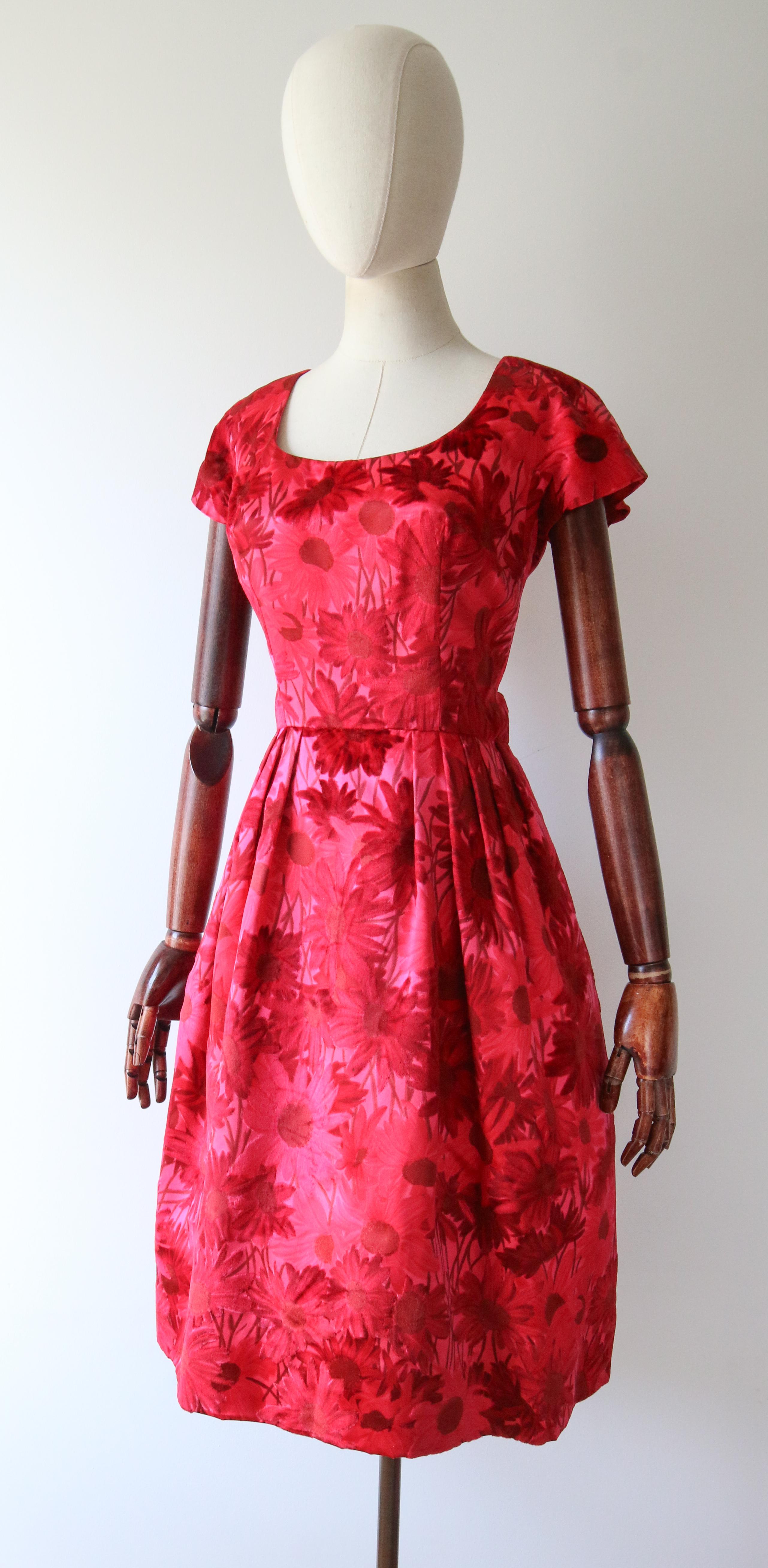 Vintage 1950's Silk Velvet and Satin pink floral dress satin dress UK 8 US 4 For Sale 4