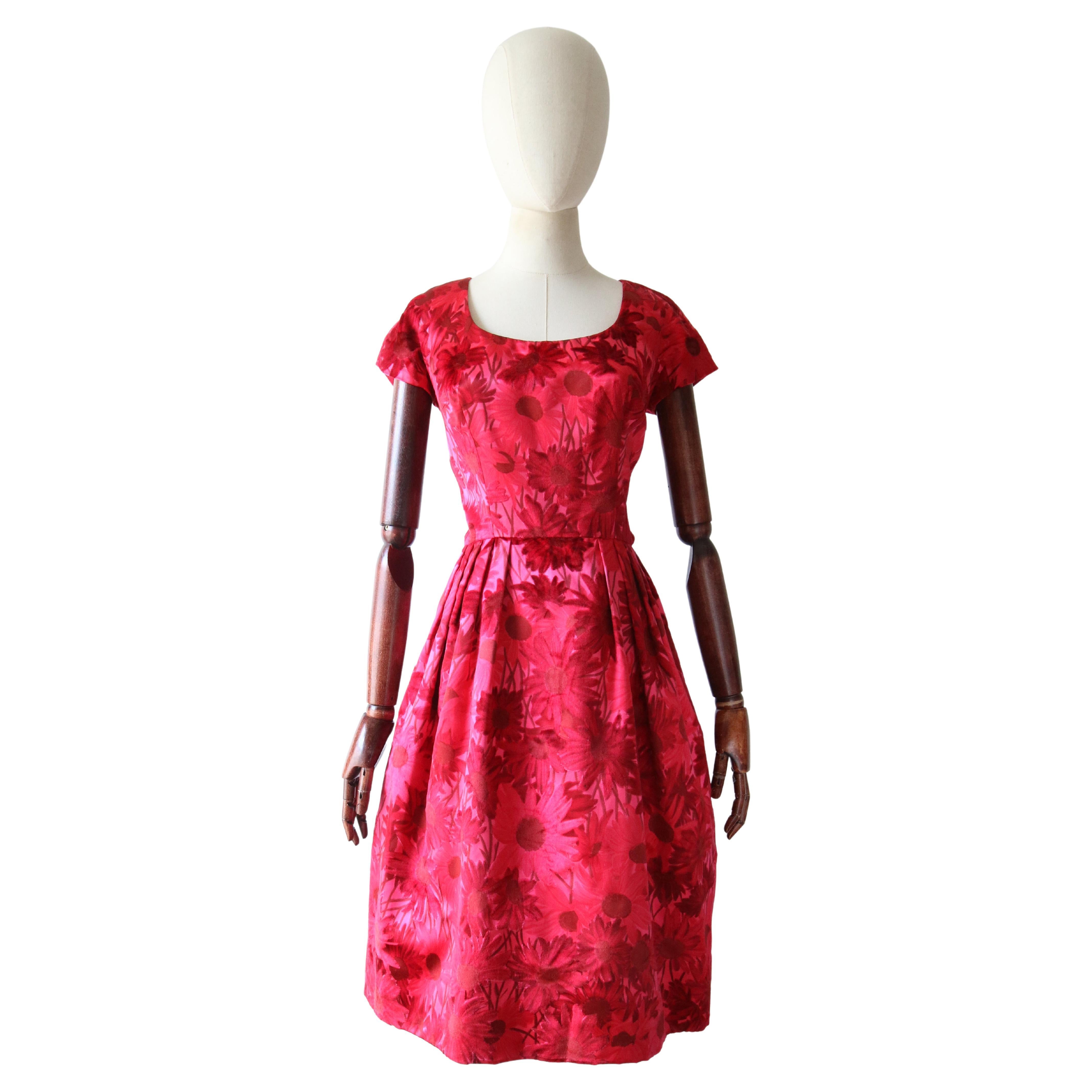 Vintage 1950's Silk Velvet and Satin pink floral dress satin dress UK 8 US 4 For Sale