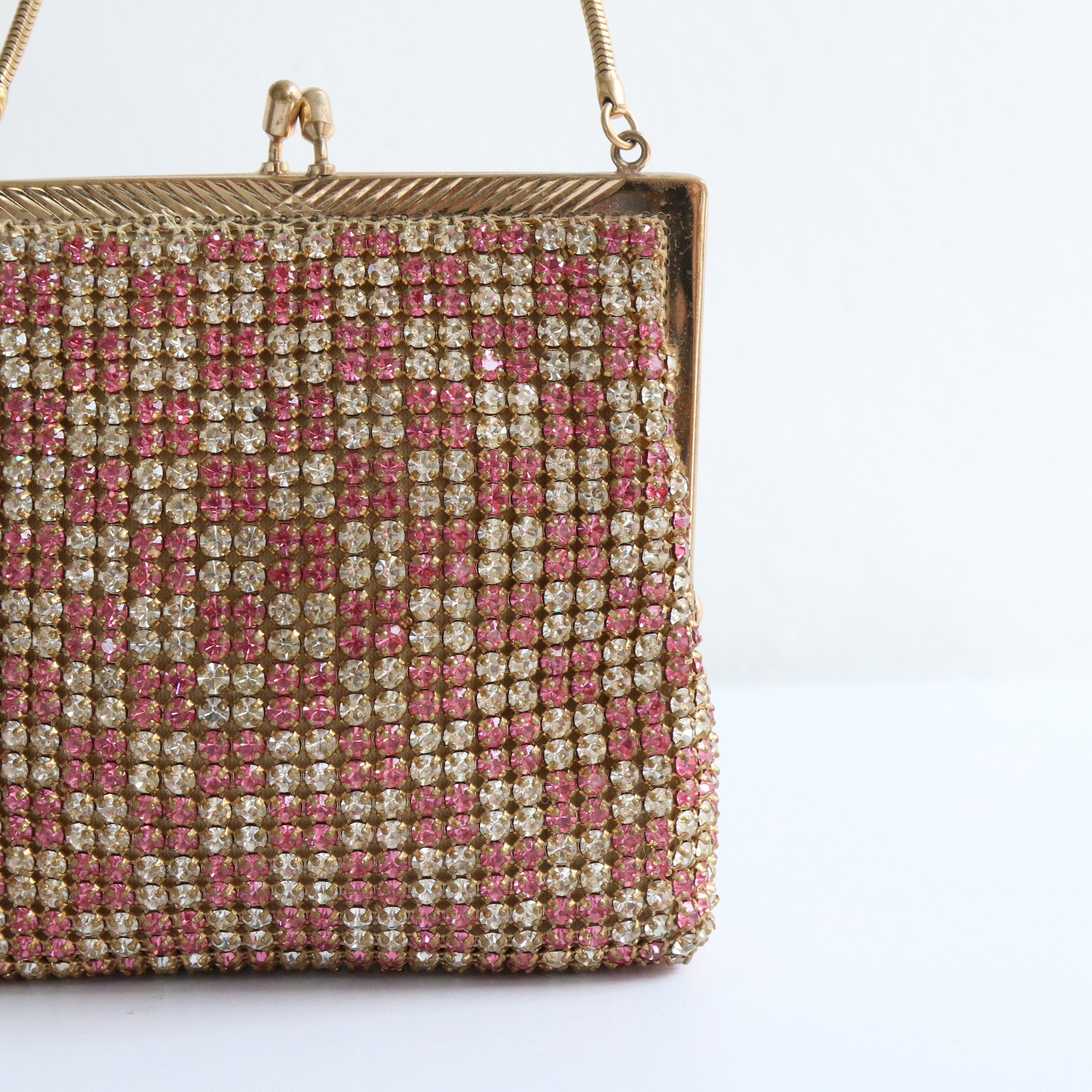 Vintage 1950's Silber und Rosa Strass Handtasche Kette Handtasche Fifties Tasche (Braun) im Angebot