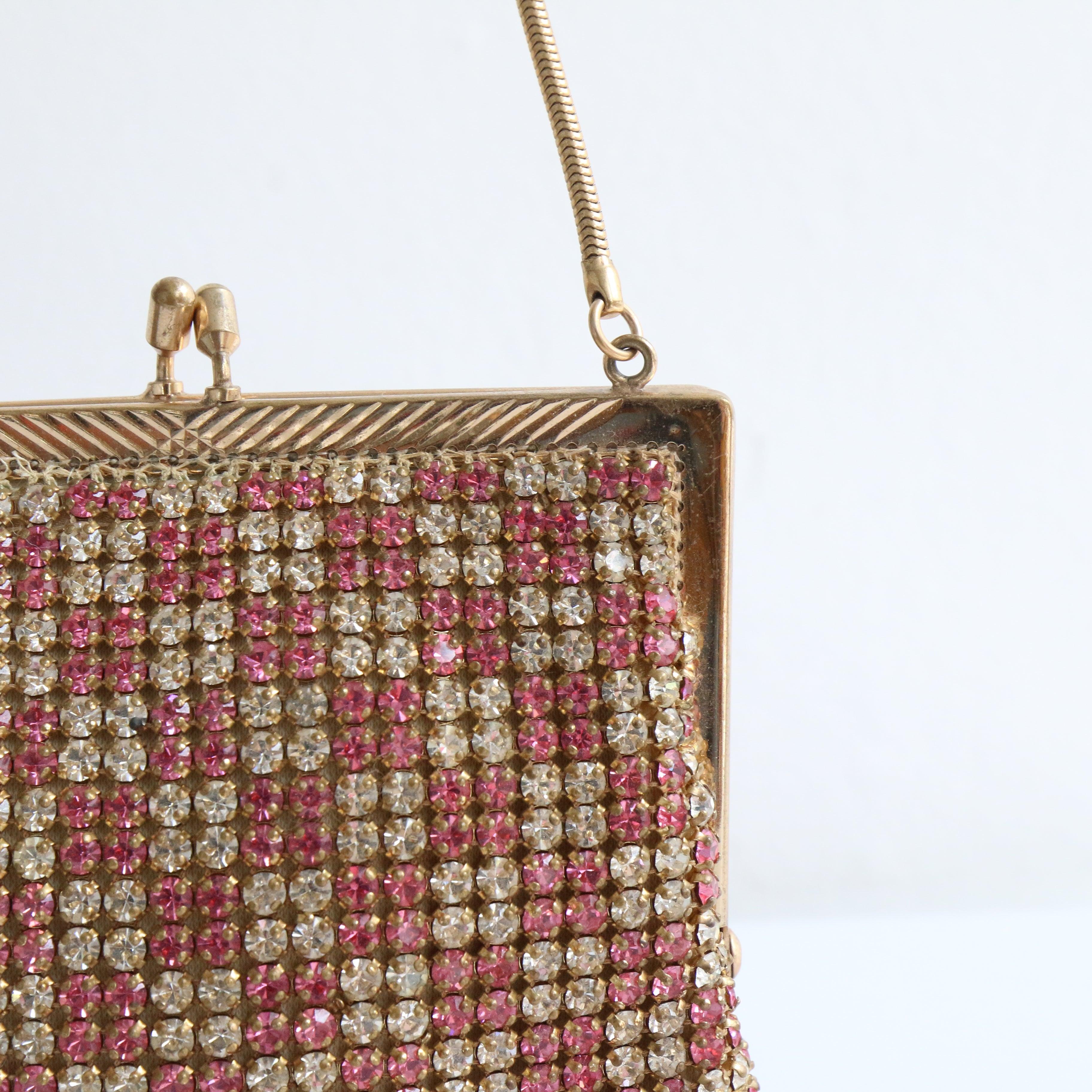 Vintage 1950's Silber und Rosa Strass Handtasche Kette Handtasche Fifties Tasche im Zustand „Gut“ im Angebot in Cheltenham, GB