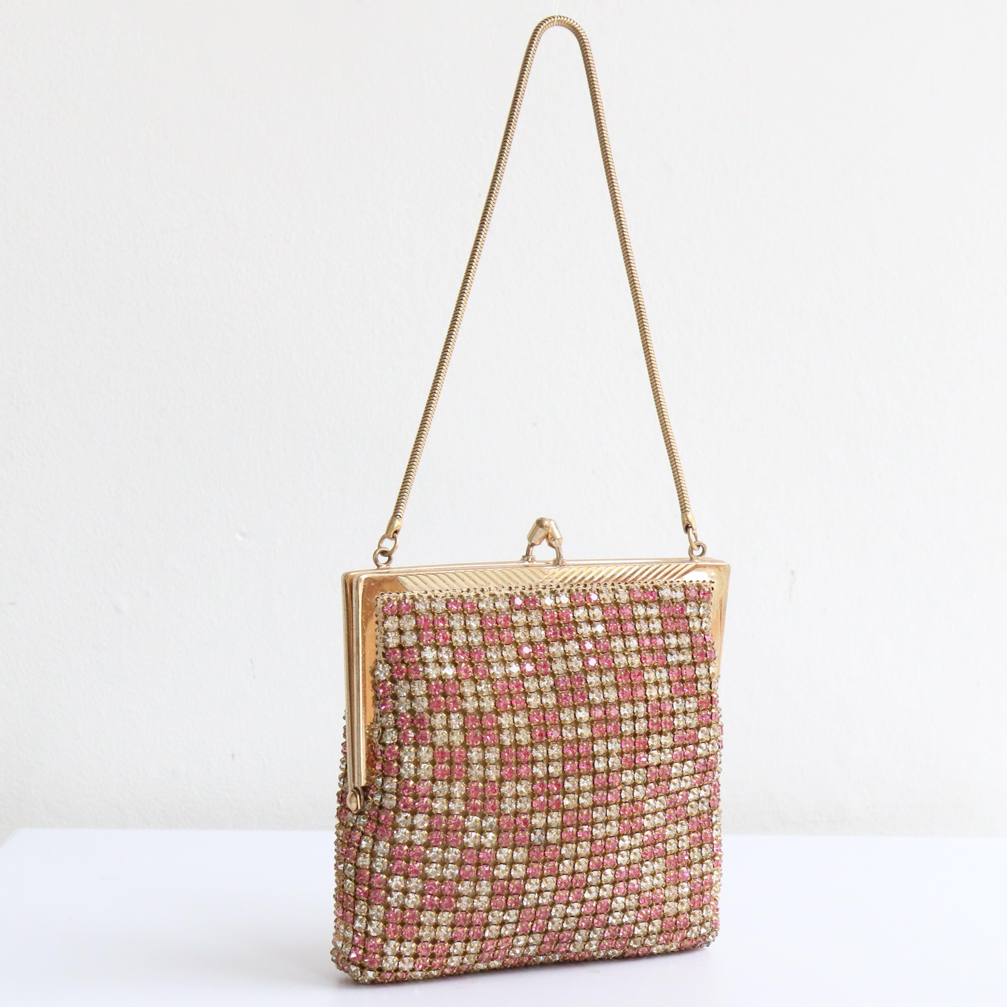 Vintage 1950's Silber und Rosa Strass Handtasche Kette Handtasche Fifties Tasche für Damen oder Herren im Angebot