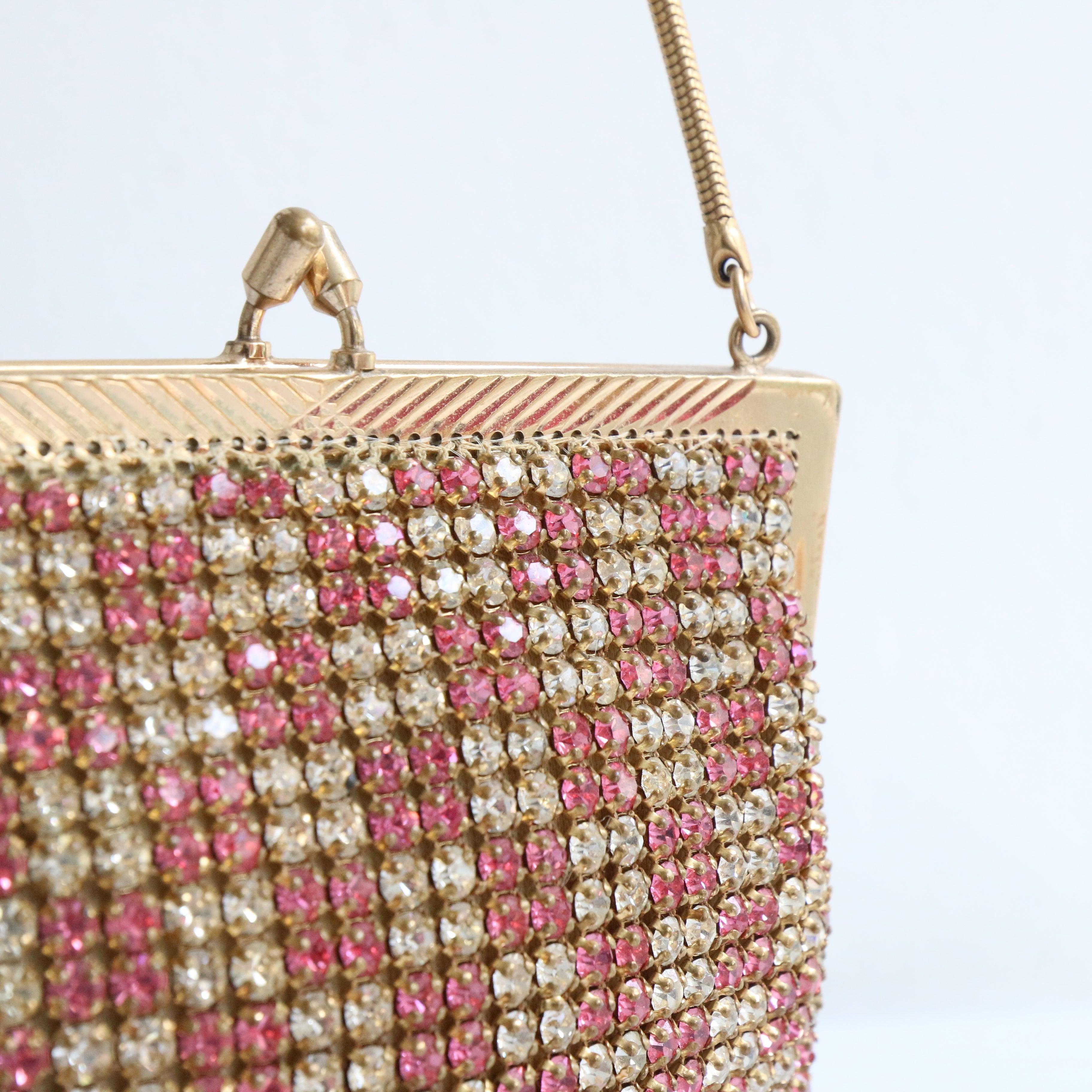 Vintage 1950's Silber und Rosa Strass Handtasche Kette Handtasche Fifties Tasche im Angebot 1