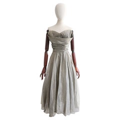 Vintage 1950's silver pleated organza sweetheart dress 1950s dress UK 8 US 4