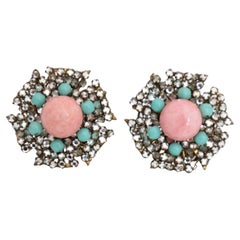 Vintage 1950's Silver Rhinestone Coral Turquoise Cabochon Miriam Haskell Earring