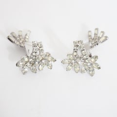 Vintage 1950's silver rhinestone daisy clip on earrings midcentury earrings