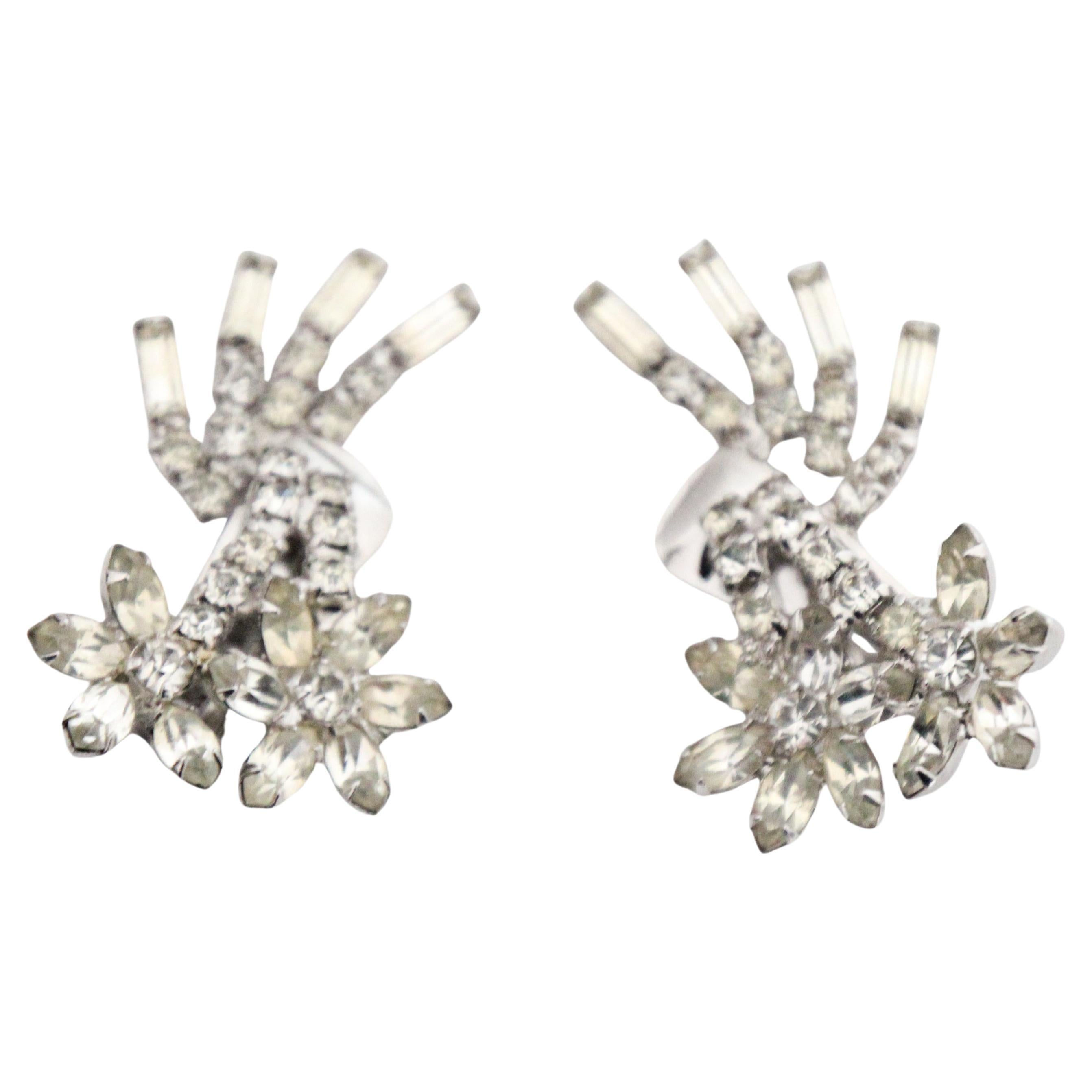 Orecchini a clip in argento con strass e margherite, vintage, anni '50, orecchini del Medioevo