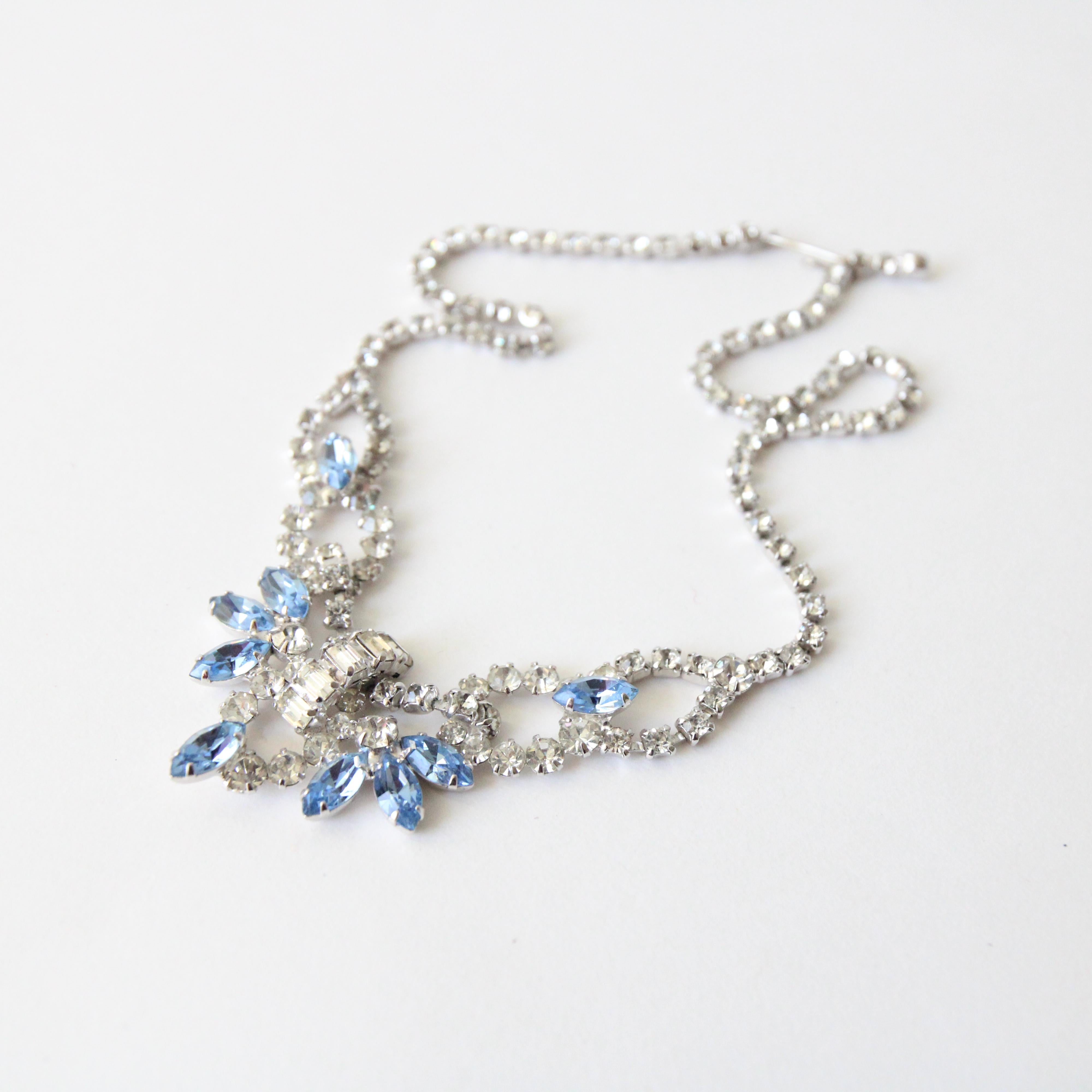 Women's or Men's Vintage 1950's Silver Rhinestone Ice Blue Rhinestone Statement Necklace For Sale