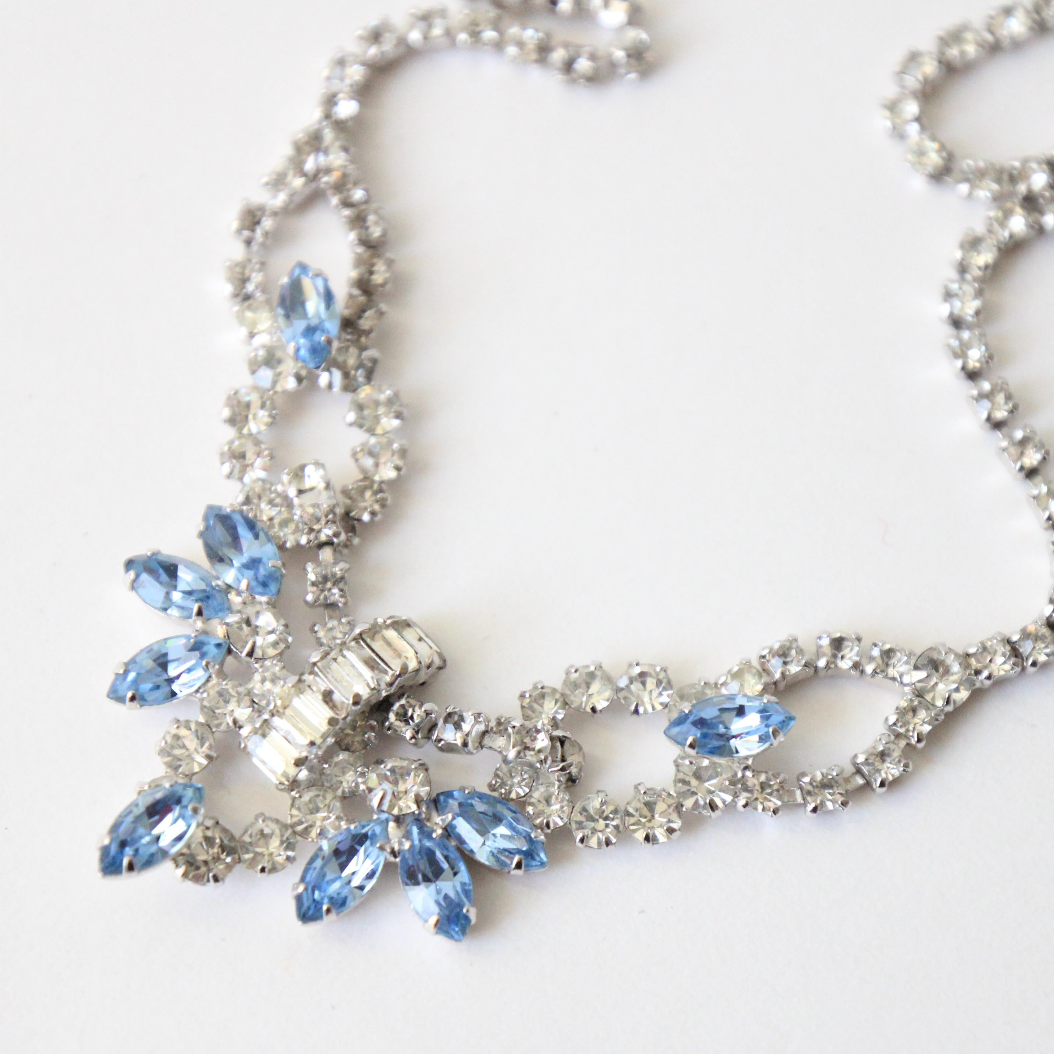 Vintage 1950's Silver Rhinestone Ice Blue Rhinestone Statement Necklace For Sale 1