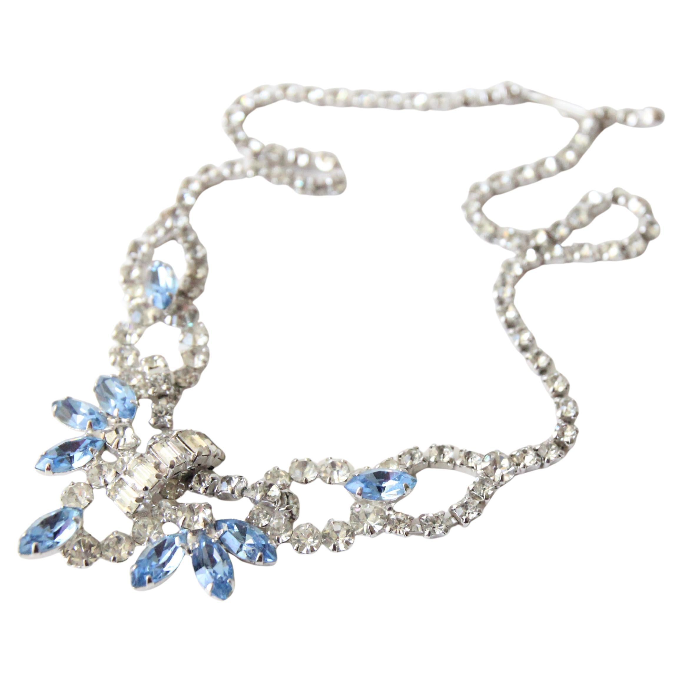 Vintage 1950's Silver Rhinestone Ice Blue Rhinestone Statement Necklace For Sale