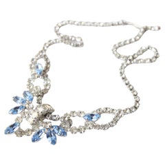 Vintage 1950's Silver Rhinestone Ice Blue Rhinestone Statement Necklace