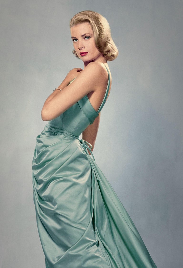 Vintage 1950's Sophie Gimbel Ice-Blue Silk Satin Draped Fitted Hourglass  Gown