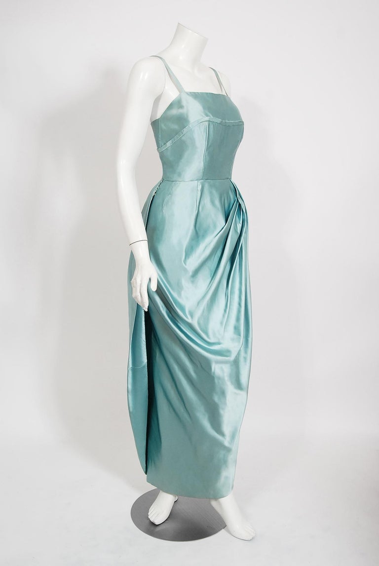 Vintage 1950's Sophie Gimbel Ice-Blue Silk Satin Draped Fitted Hourglass Gown at 1stDibs | ice blue silk dress, ice blue satin dress, icy blue silk dress Vintage 1950's Sophie Gimbel Ice-Blue Silk Satin Draped Fitted Hourglass Gown at 1stDibs | ice blue silk dress, ice blue satin dress, icy blue silk dress