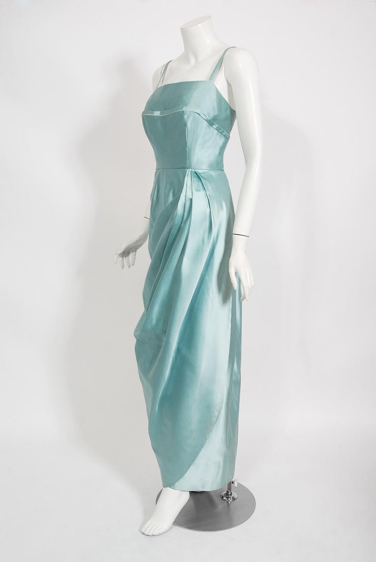Vintage 1950's Sophie Gimbel Ice-Blue Silk Satin Draped Fitted Hourglass  Gown at 1stDibs | ice blue silk dress, ice blue satin dress, icy blue silk  dress