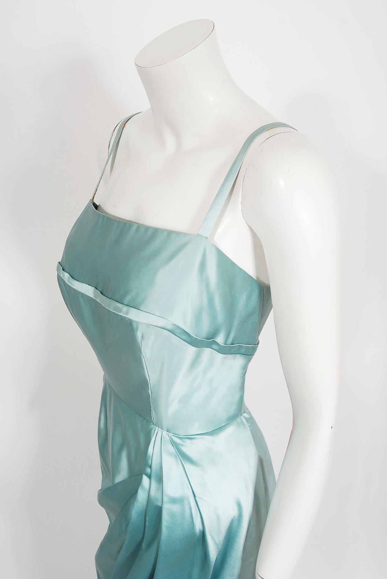 Vintage 1950's Sophie Gimbel Ice-Blue Silk Satin Draped Fitted Hourglass Gown  In Good Condition In Beverly Hills, CA