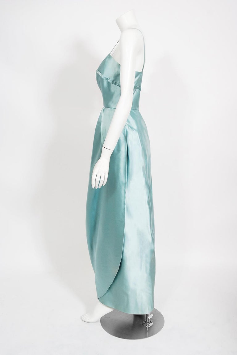 Vintage 1950's Sophie Gimbel Ice-Blue Silk Satin Draped Fitted Hourglass Gown Vintage 1950's Sophie Gimbel Ice-Blue Silk Satin Draped Fitted Hourglass Gown