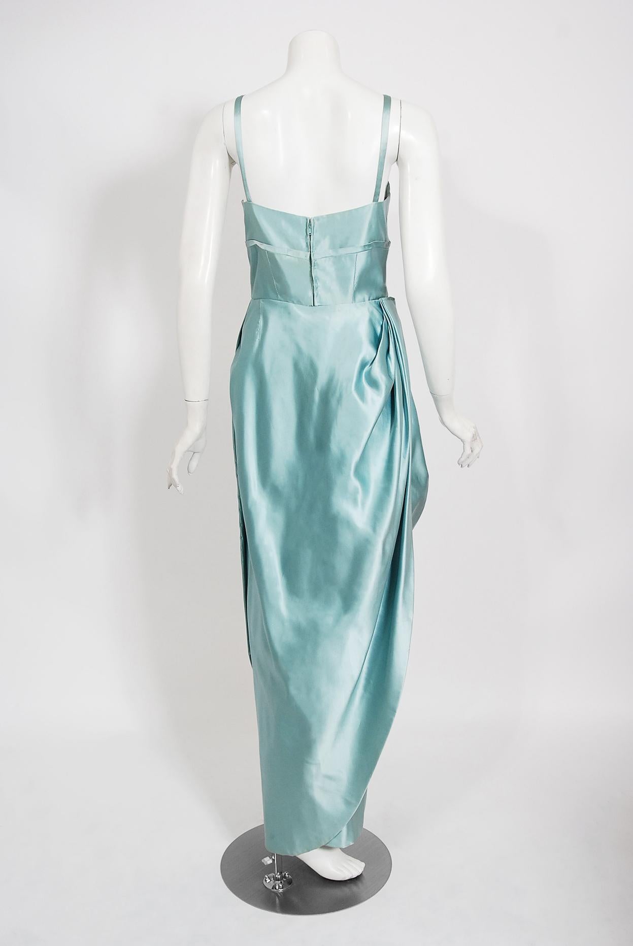 Vintage 1950's Sophie Gimbel Ice-Blue Silk Satin Draped Fitted Hourglass Gown  1