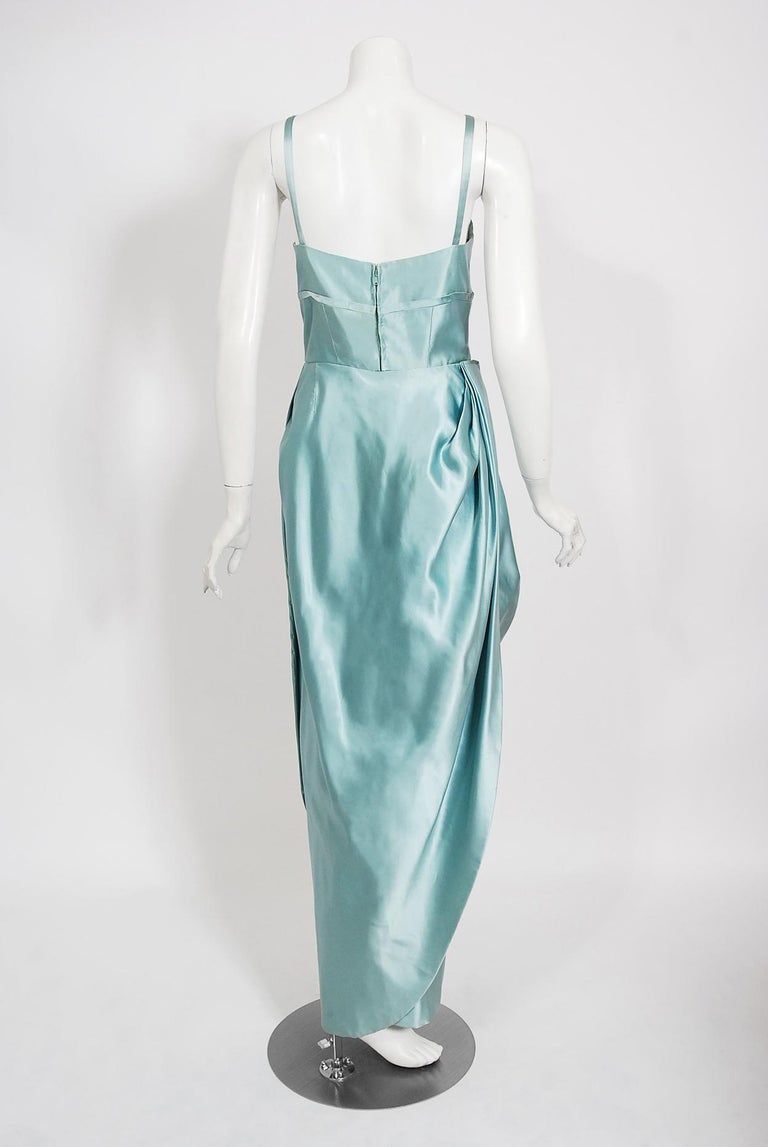 Vintage 1950's Sophie Gimbel Ice-Blue Silk Satin Draped Fitted Hourglass  Gown