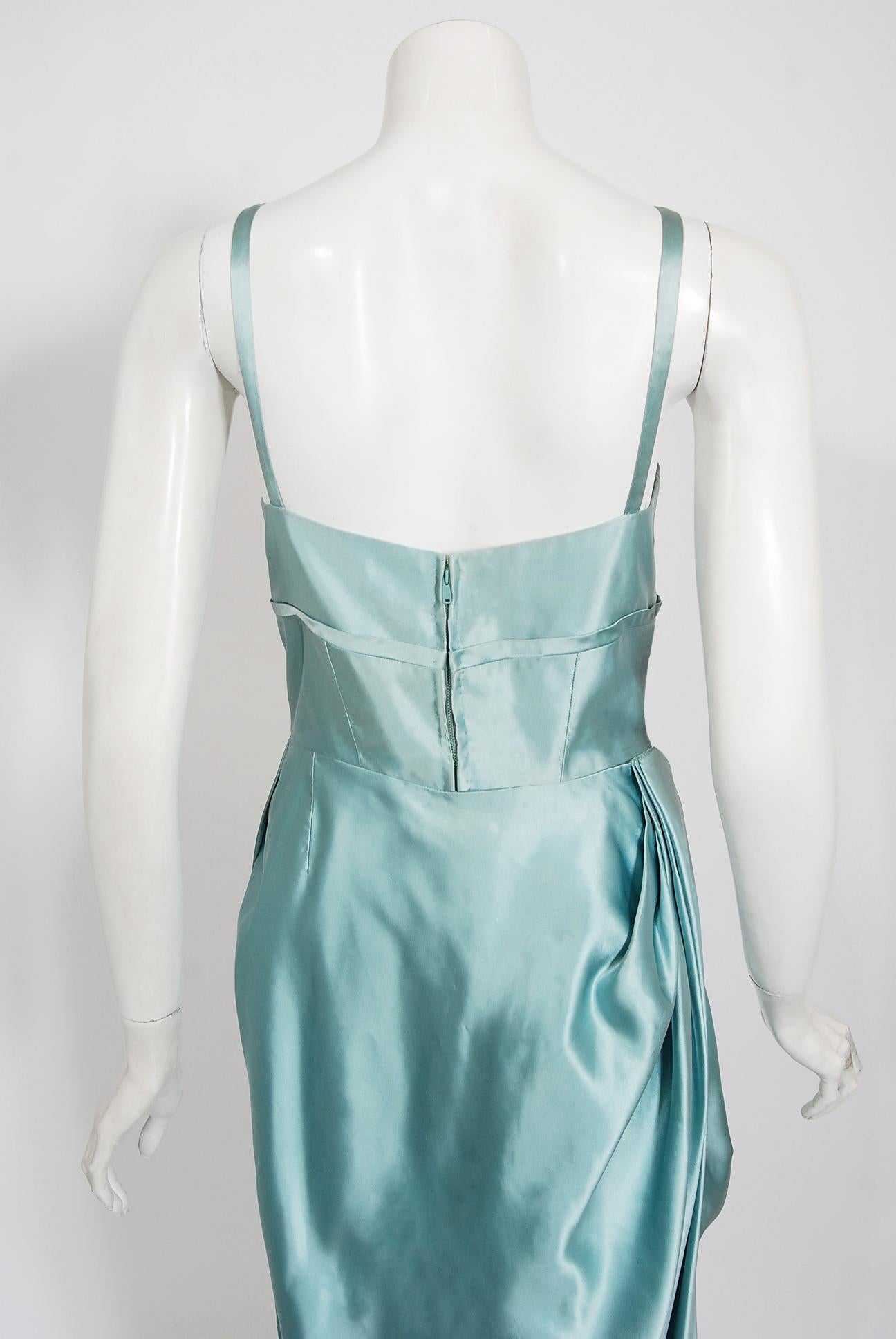 Vintage 1950's Sophie Gimbel Ice-Blue Silk Satin Draped Fitted Hourglass Gown  2