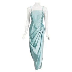 Vintage 1950's Sophie Gimbel Ice-Blue Silk Satin Draped Fitted Hourglass Gown 