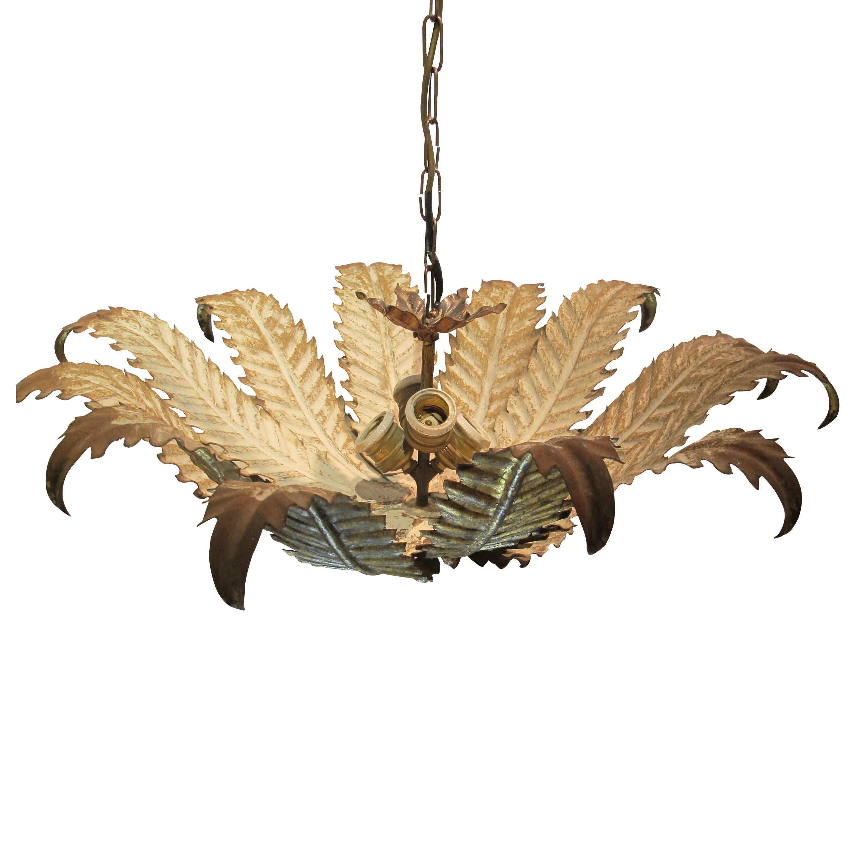 Hollywood Regency Vintage 1950s Spanish Fern Leaf Tole Chandelier with Layered Fronds