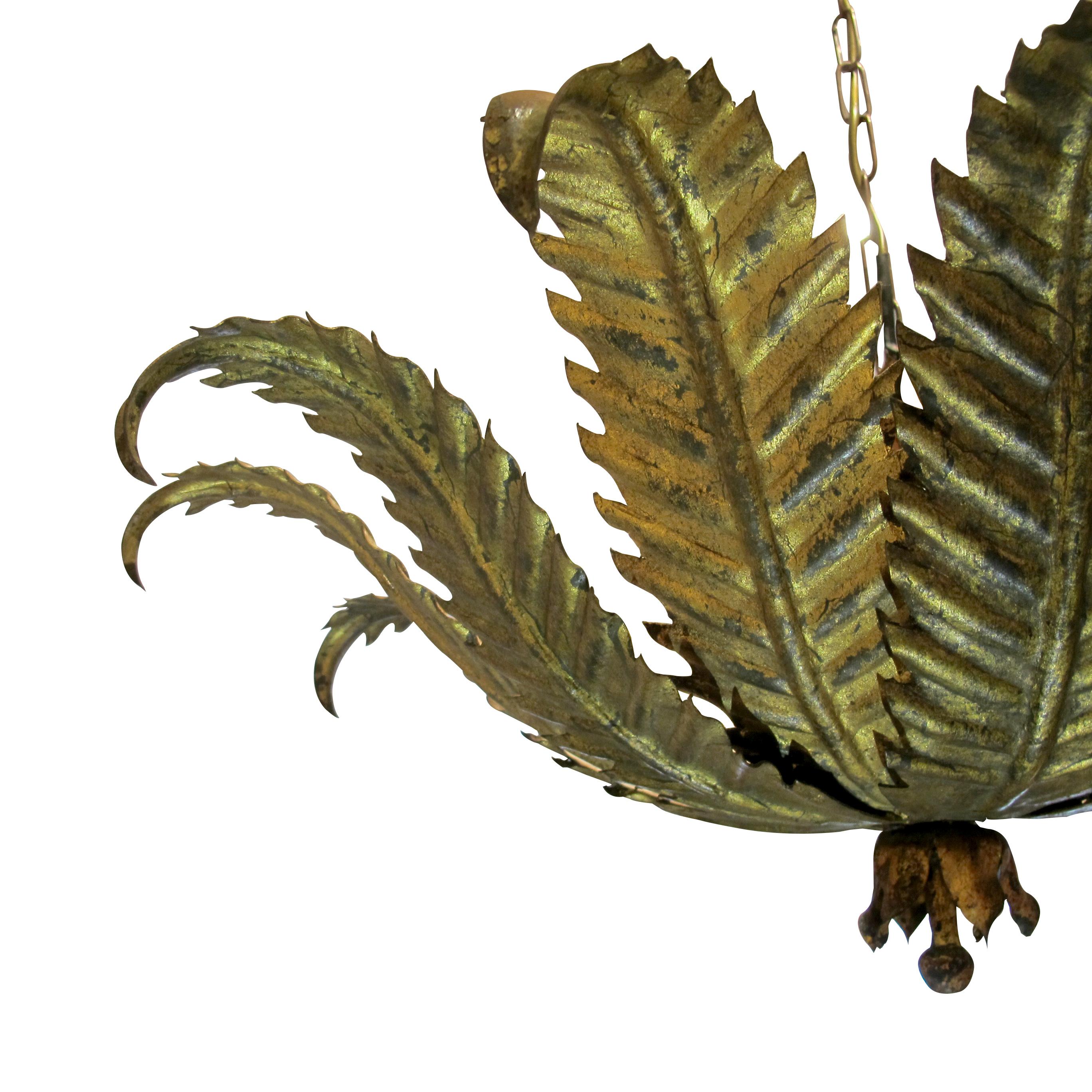 Other Vintage 1950s Spanish Fern Leaf Tole Chandelier with Layered Fronds