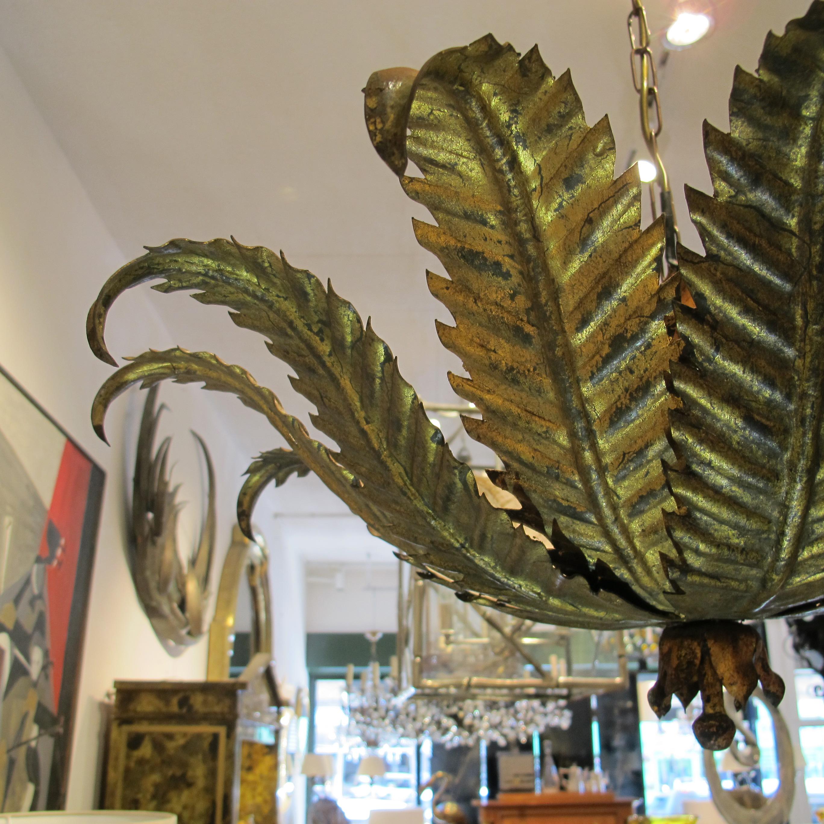 Vintage 1950s Spanish Fern Leaf Tole Chandelier with Layered Fronds In Good Condition In London, GB