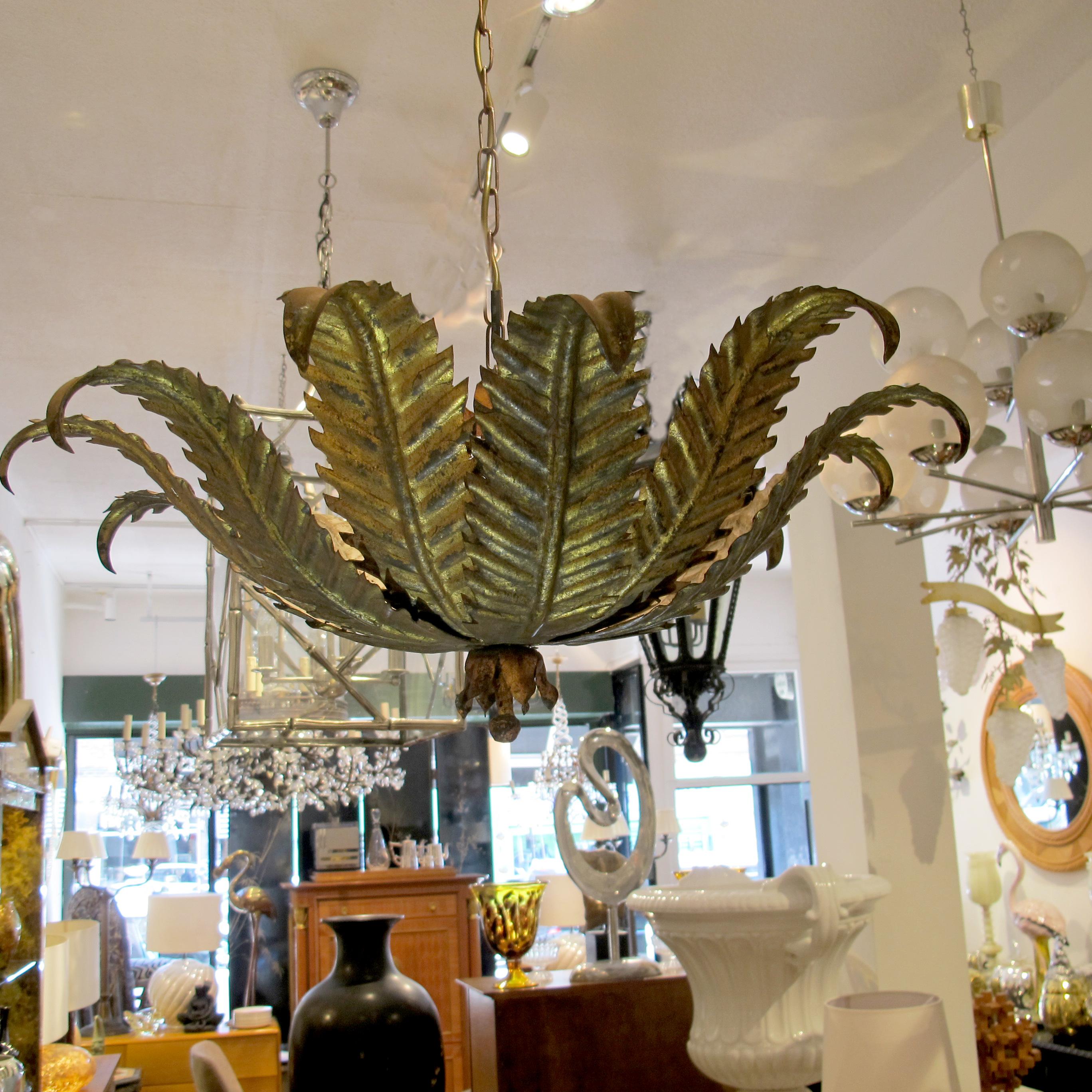 Mid-20th Century Vintage 1950s Spanish Fern Leaf Tole Chandelier with Layered Fronds