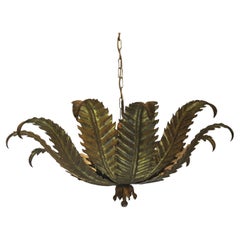 Vintage 1950s Spanish Fern Leaf Tole Chandelier with Layered Fronds