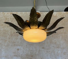 Vintage 1950's Spanish Gilt Metal Ceiling Fixture with Opaline Globe