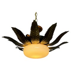 Vintage 1950's Spanish Gilt Metal Ceiling Fixture with Opaline Globe